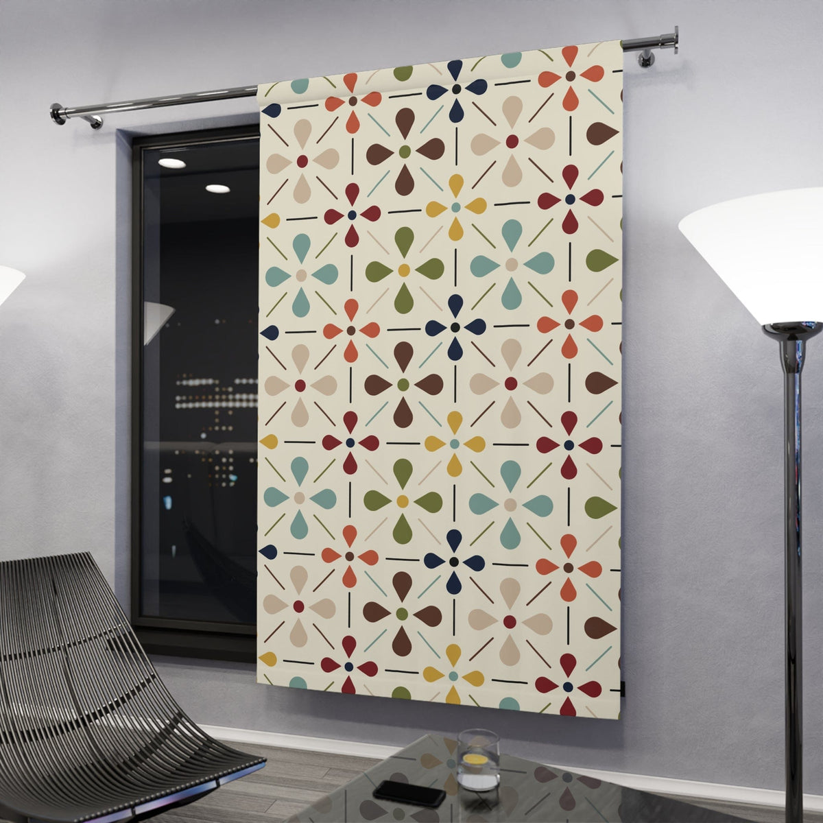 Kate McEnroe New York Mid Century Modern 1950s Retro Floral Window Curtains, Minimalist MCM Cream, Olive, Mustard, Brown Curtain Panel DrapesWindow Curtains19963197409764275225