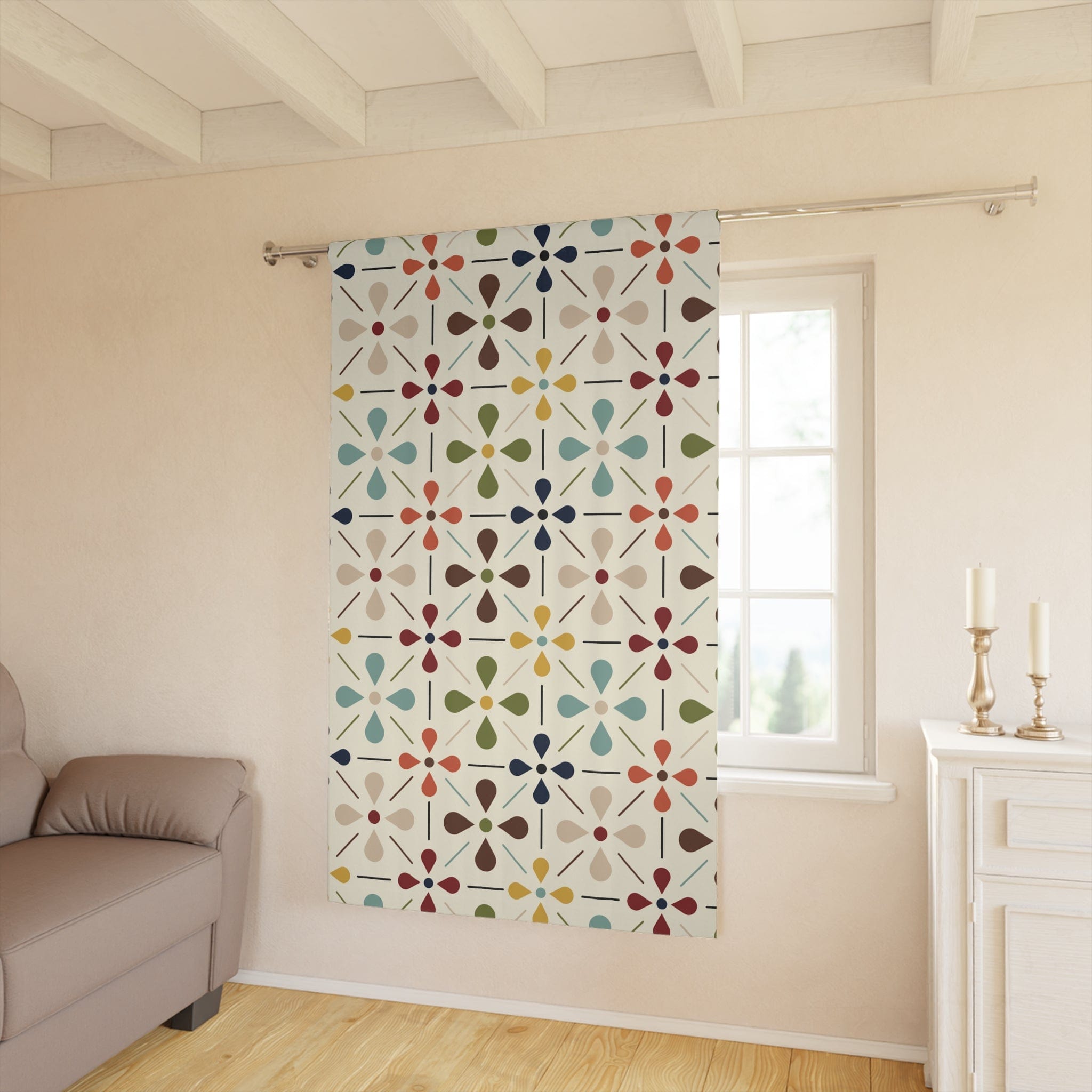 Kate McEnroe New York Mid Century Modern 1950s Retro Floral Window Curtains, Minimalist MCM Cream, Olive, Mustard, Brown Curtain Panel DrapesWindow Curtains19963197409764275225