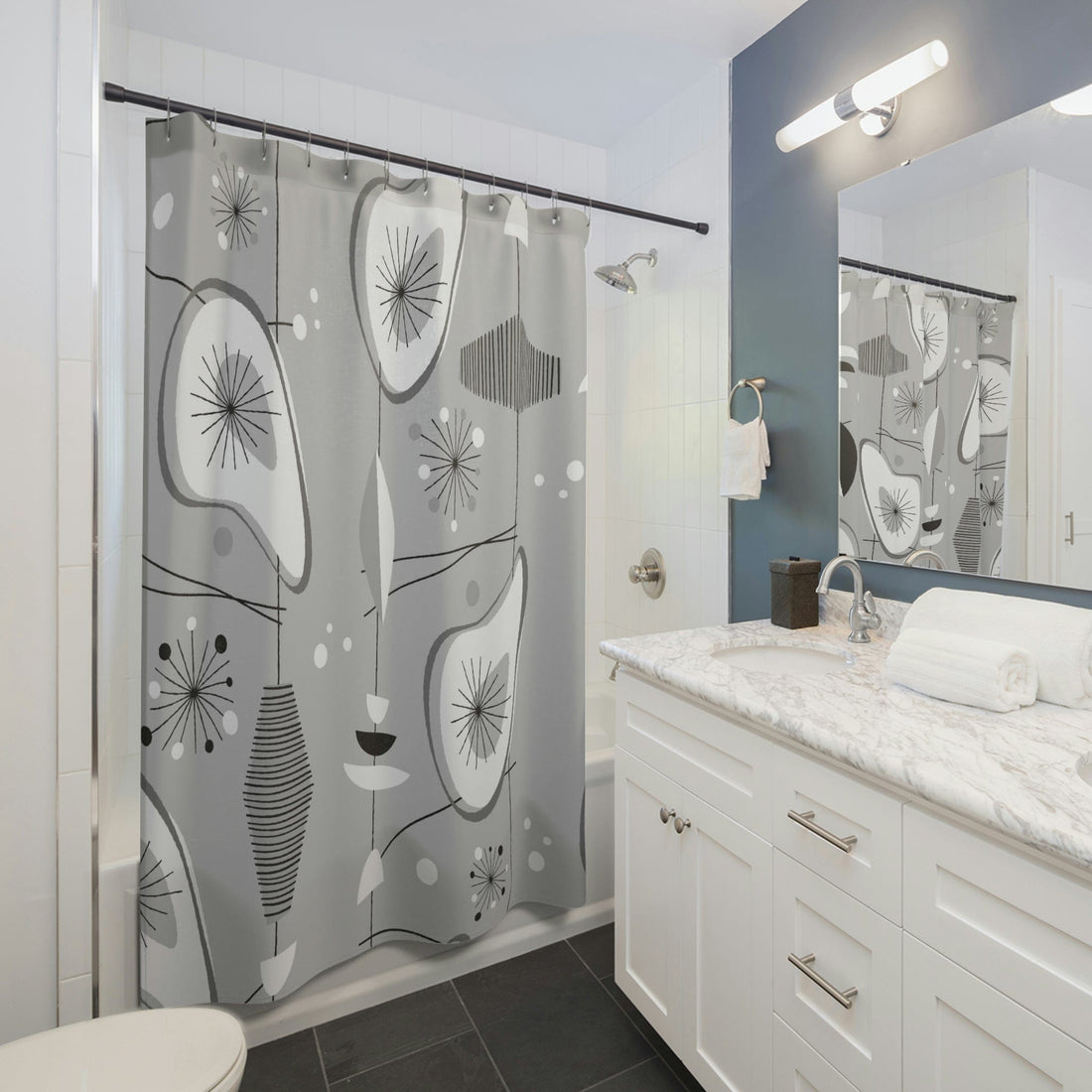 Kate McEnroe New York Mid Century Modern 1950s Retro Shower Curtain, Gray, Silver, White Abstract Art Bathroom Decor, Vintage Amoeba Bath Curtains Shower Curtains