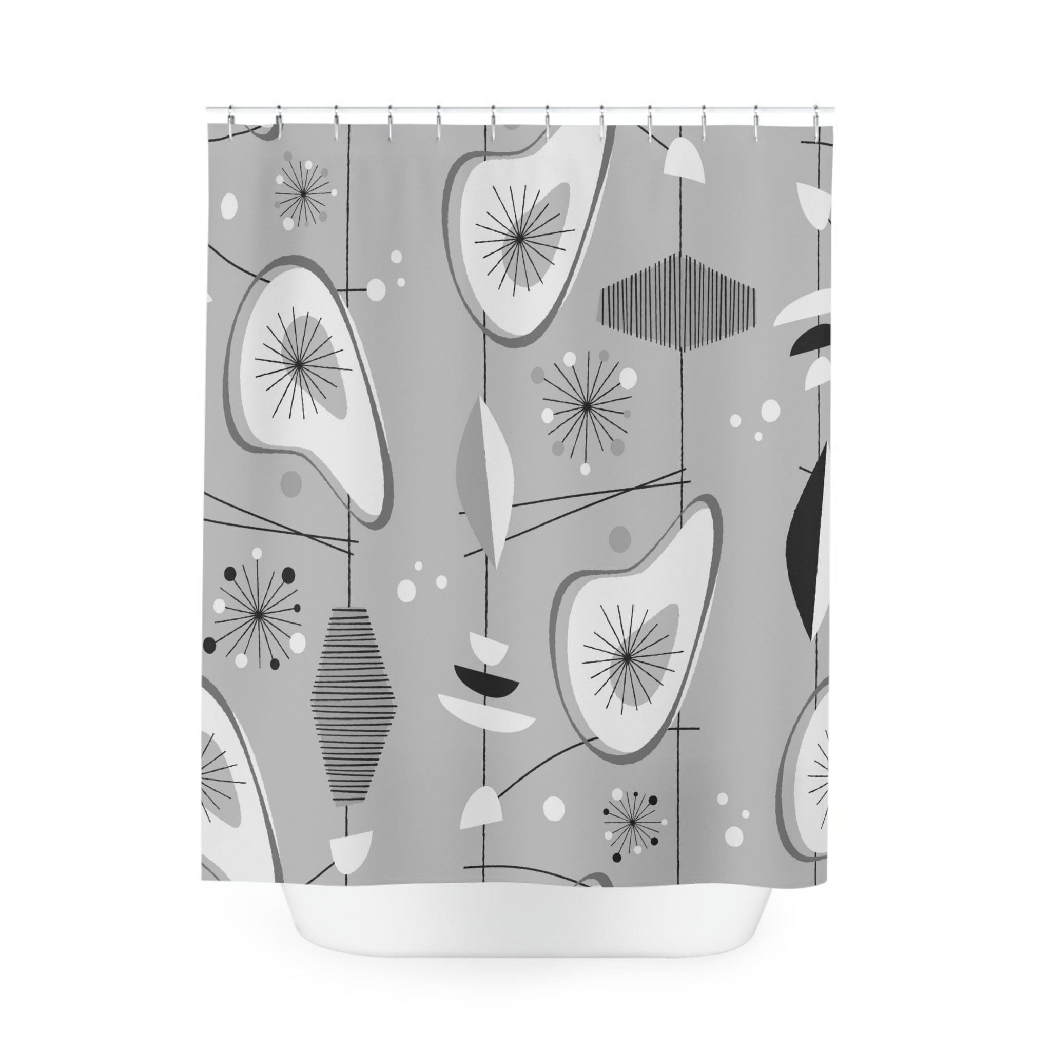 Kate McEnroe New York Mid Century Modern 1950s Retro Shower Curtain, Gray, Silver, White Abstract Art Bathroom Decor, Vintage Amoeba Bath CurtainsShower Curtains30652079633581258336