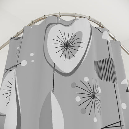 Kate McEnroe New York Mid Century Modern 1950s Retro Shower Curtain, Gray, Silver, White Abstract Art Bathroom Decor, Vintage Amoeba Bath CurtainsShower Curtains30652079633581258336