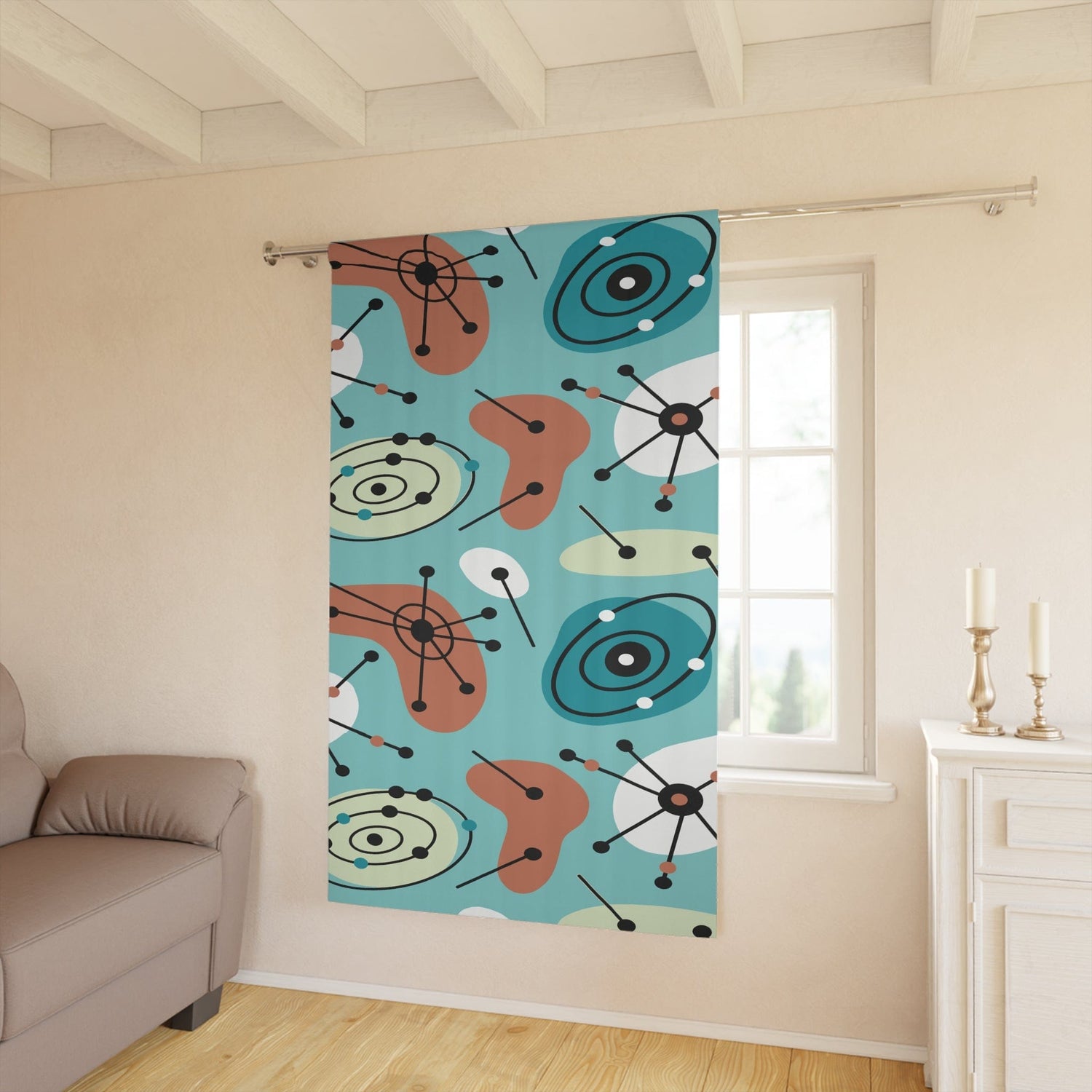 Kate McEnroe New York Mid Century Modern 50s Blackout Window Curtain, Retro Atomic Aqua Blue Living Room, Bedroom Curtain PanelWindow Curtains25674217361203789586