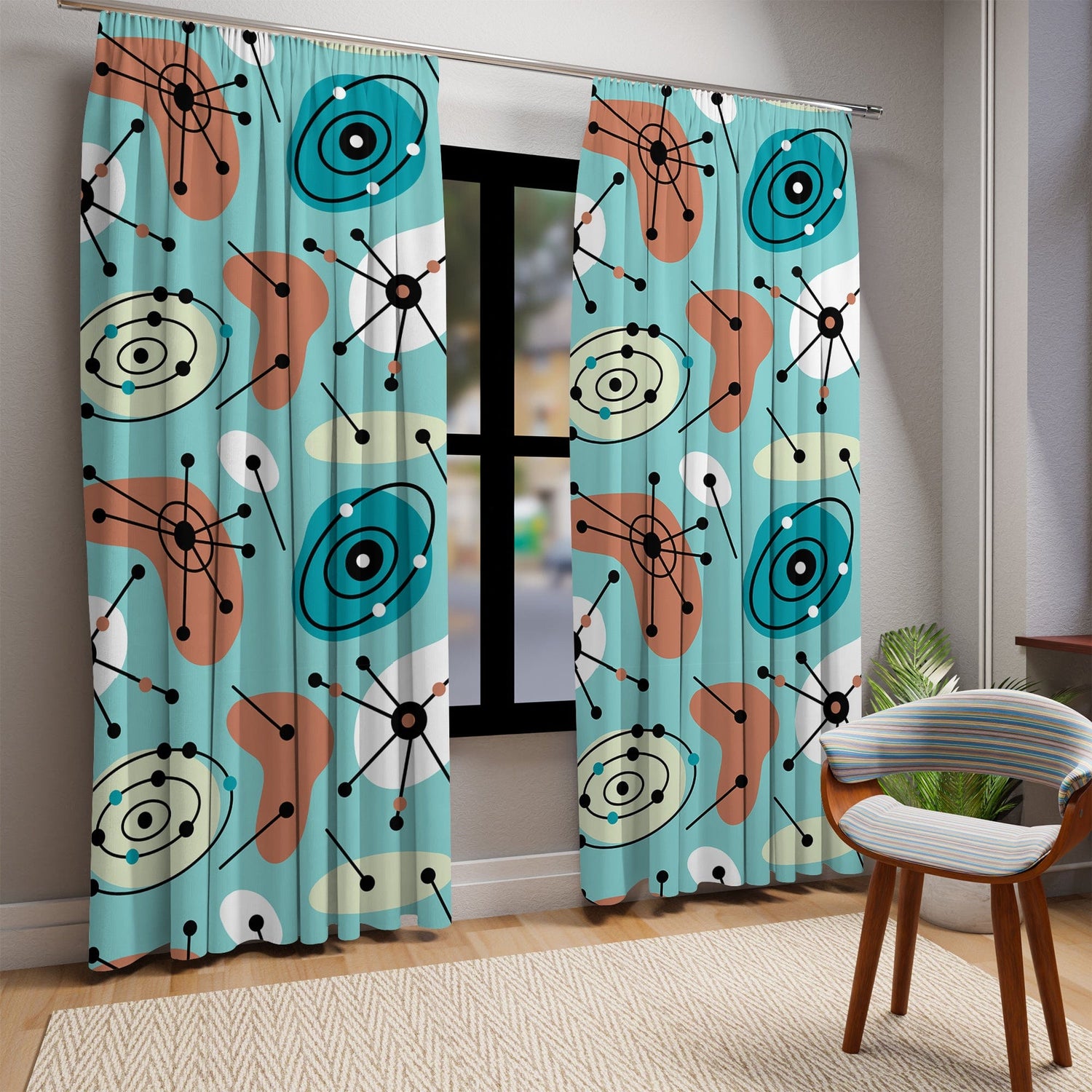 Kate McEnroe New York Mid Century Modern 50s Blackout Window Curtain, Retro Atomic Aqua Blue Living Room, Bedroom Curtain PanelWindow Curtains25674217361203789586