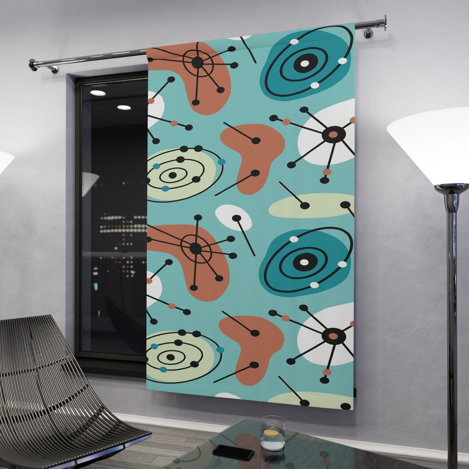 Kate McEnroe New York Mid Century Modern 50s Blackout Window Curtain, Retro Atomic Aqua Blue Living Room, Bedroom Curtain PanelWindow Curtains25674217361203789586