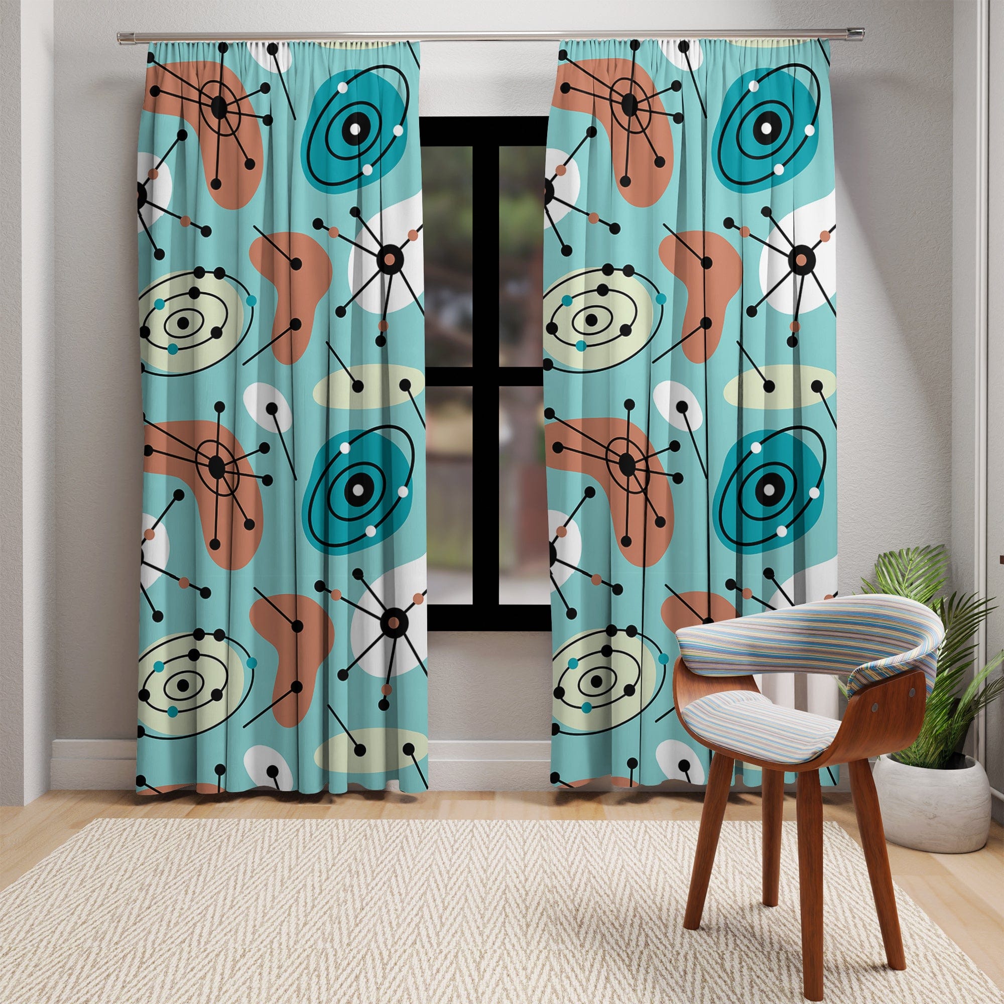 Kate McEnroe New York Mid Century Modern 50s Blackout Window Curtain, Retro Atomic Aqua Blue Living Room, Bedroom Curtain PanelWindow Curtains25674217361203789586