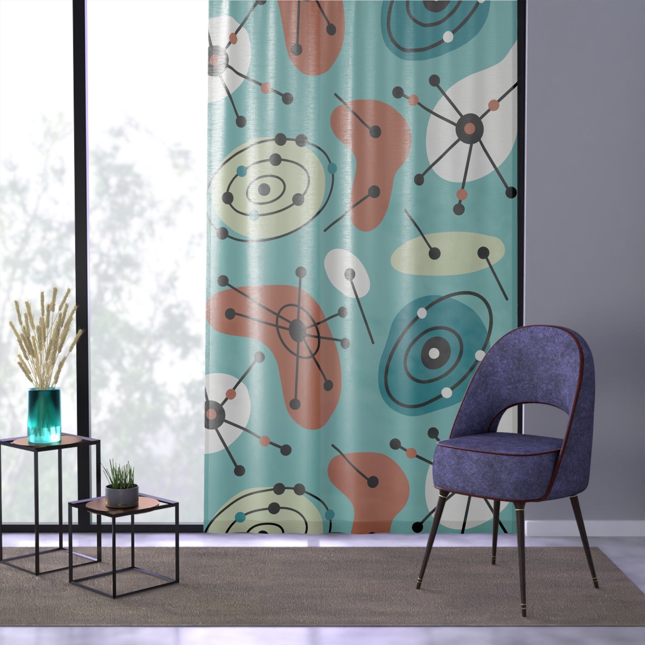 Kate McEnroe New York Mid Century Modern 50s Window Curtain, Retro Atomic Aqua Blue Living Room, Bedroom Sheer Curtain PanelWindow Curtains25735110164804735650