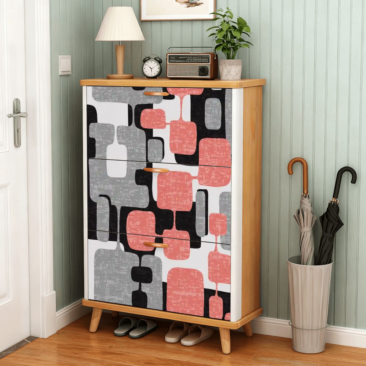 Kate McEnroe New York Mid Century Modern 60s Abstract Pink Geometric Shoe Cabinet MCM Entryway OrganizerShoe StorageHAjOvxgCKP