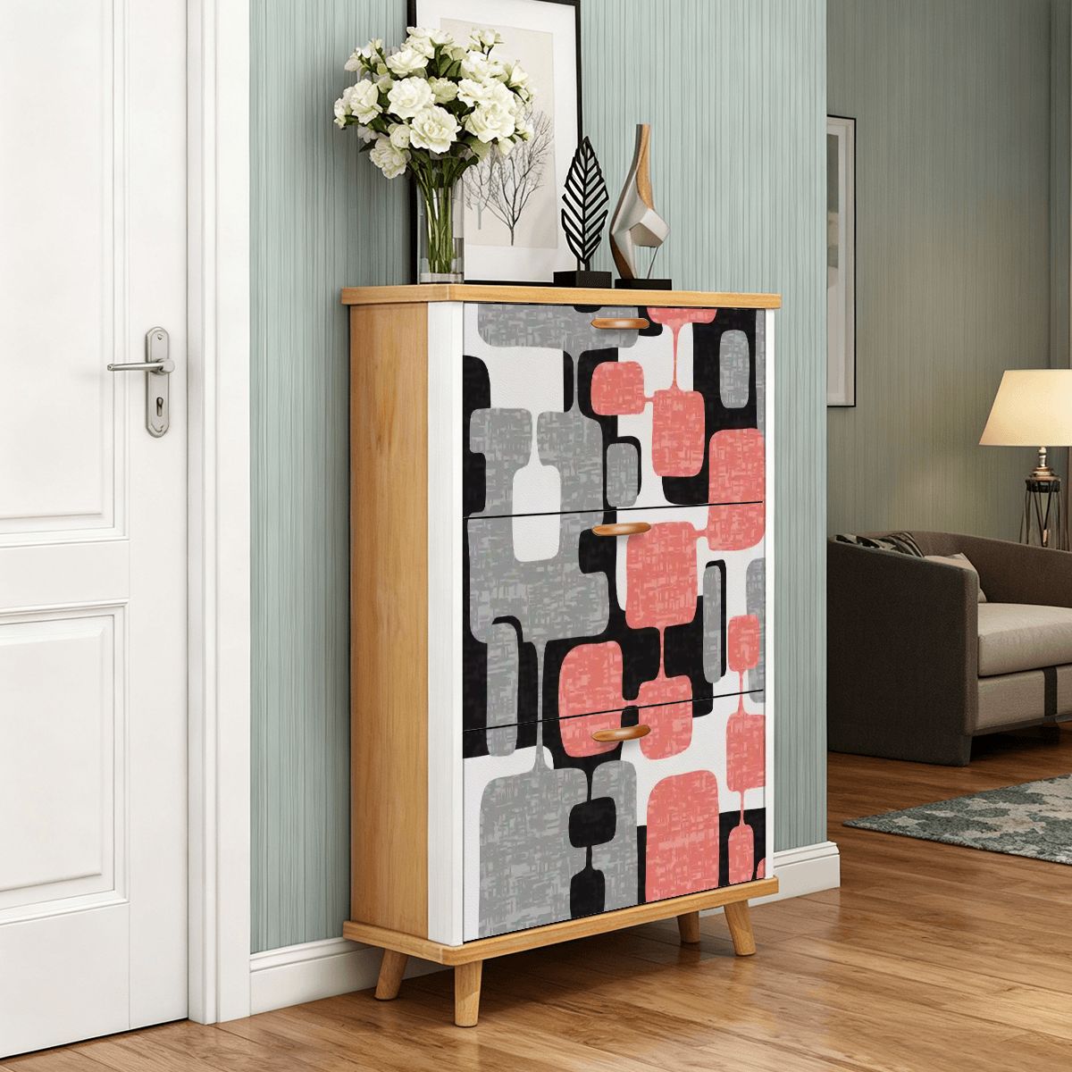 Kate McEnroe New York Mid Century Modern 60s Abstract Pink Geometric Shoe Cabinet MCM Entryway OrganizerShoe StorageHAjOvxgCKP