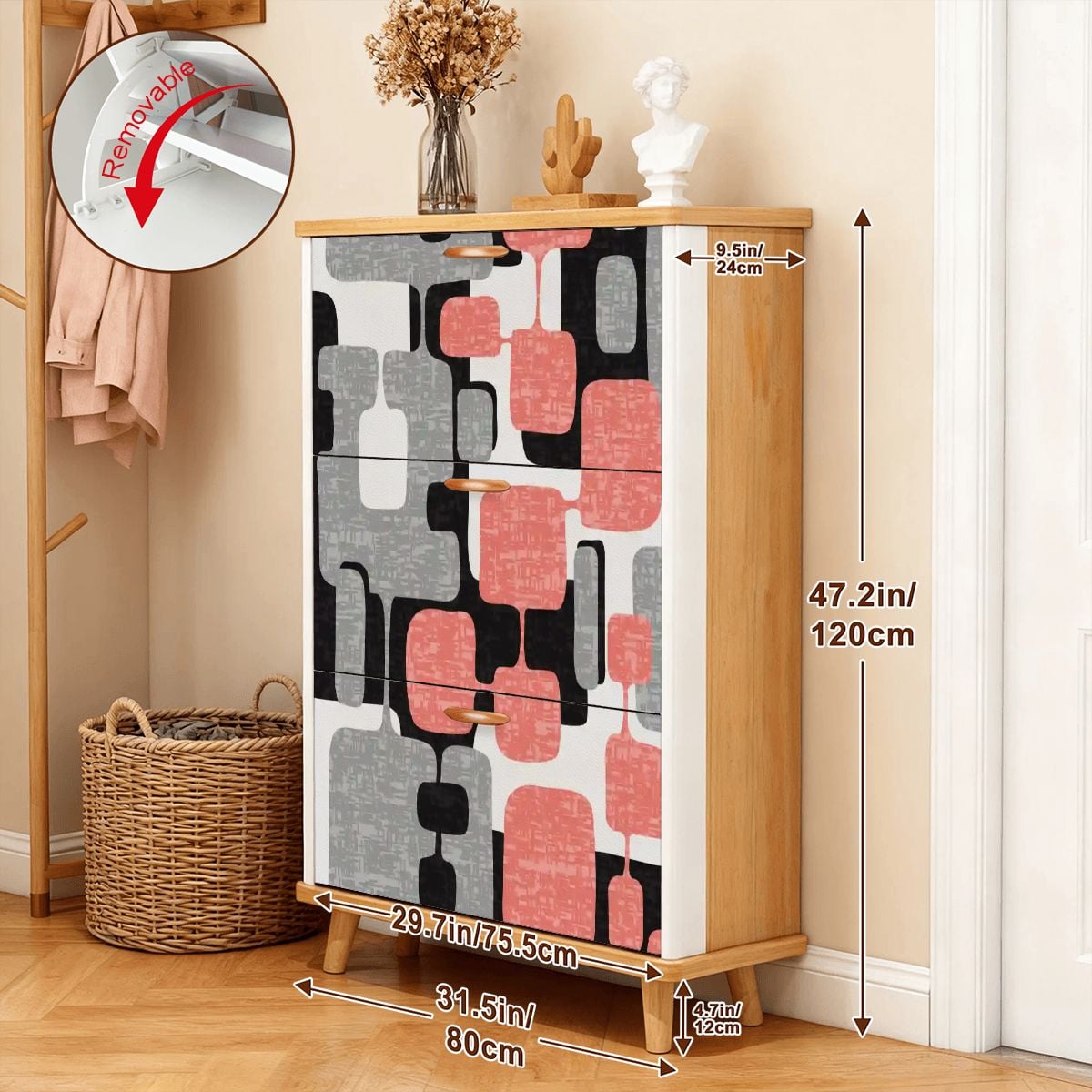 Kate McEnroe New York Mid Century Modern 60s Abstract Pink Geometric Shoe Cabinet MCM Entryway OrganizerShoe StorageHAjOvxgCKP