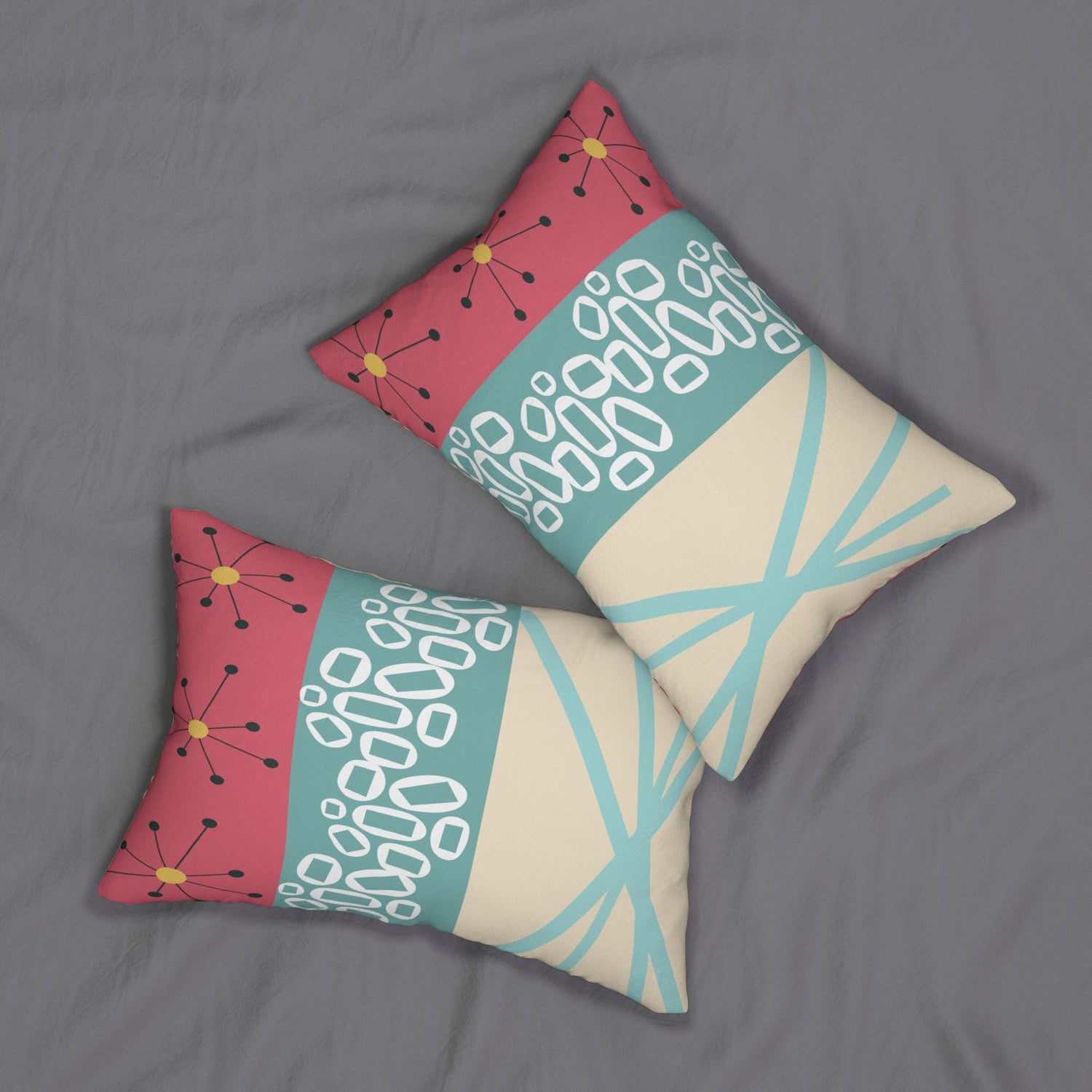 Kate McEnroe New York Mid Century Modern Abstract Lumbar Pillow, 50s Teal Coral Geometric DecorLumbar Pillows22808476397084011065