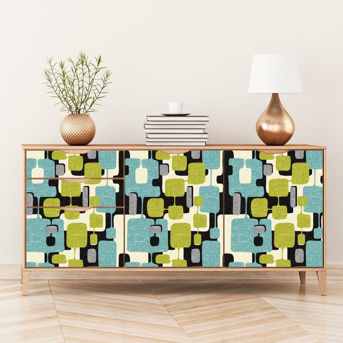 Kate McEnroe New York Mid Century Modern Abstract Peel and Stick Wallpaper Panels in Retro Teal, Lime Green, Gray, and Cream HuesWallpaper75643