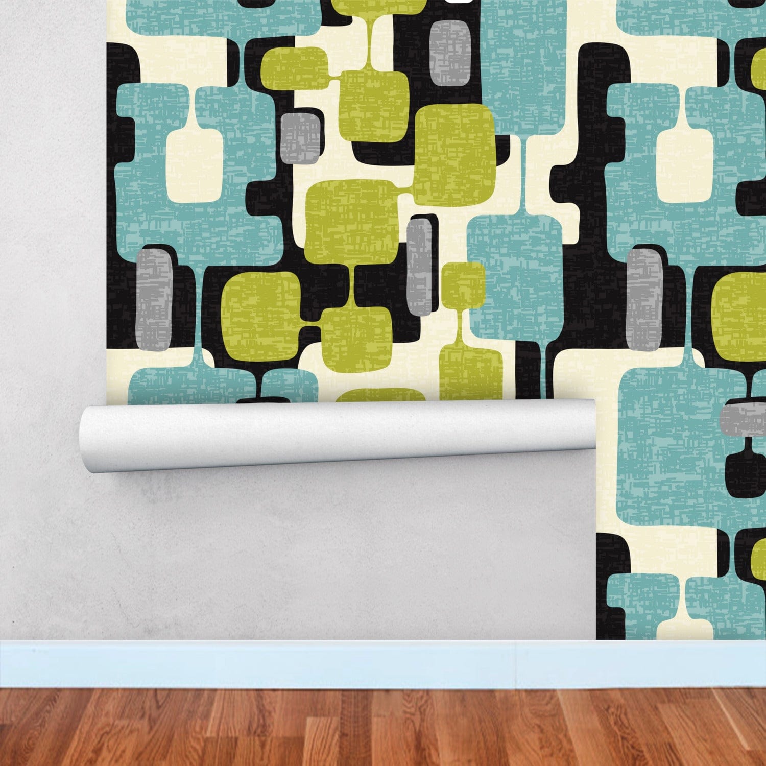 Kate McEnroe New York Mid Century Modern Abstract Peel and Stick Wallpaper Panels in Retro Teal, Lime Green, Gray, and Cream HuesWallpaper75643