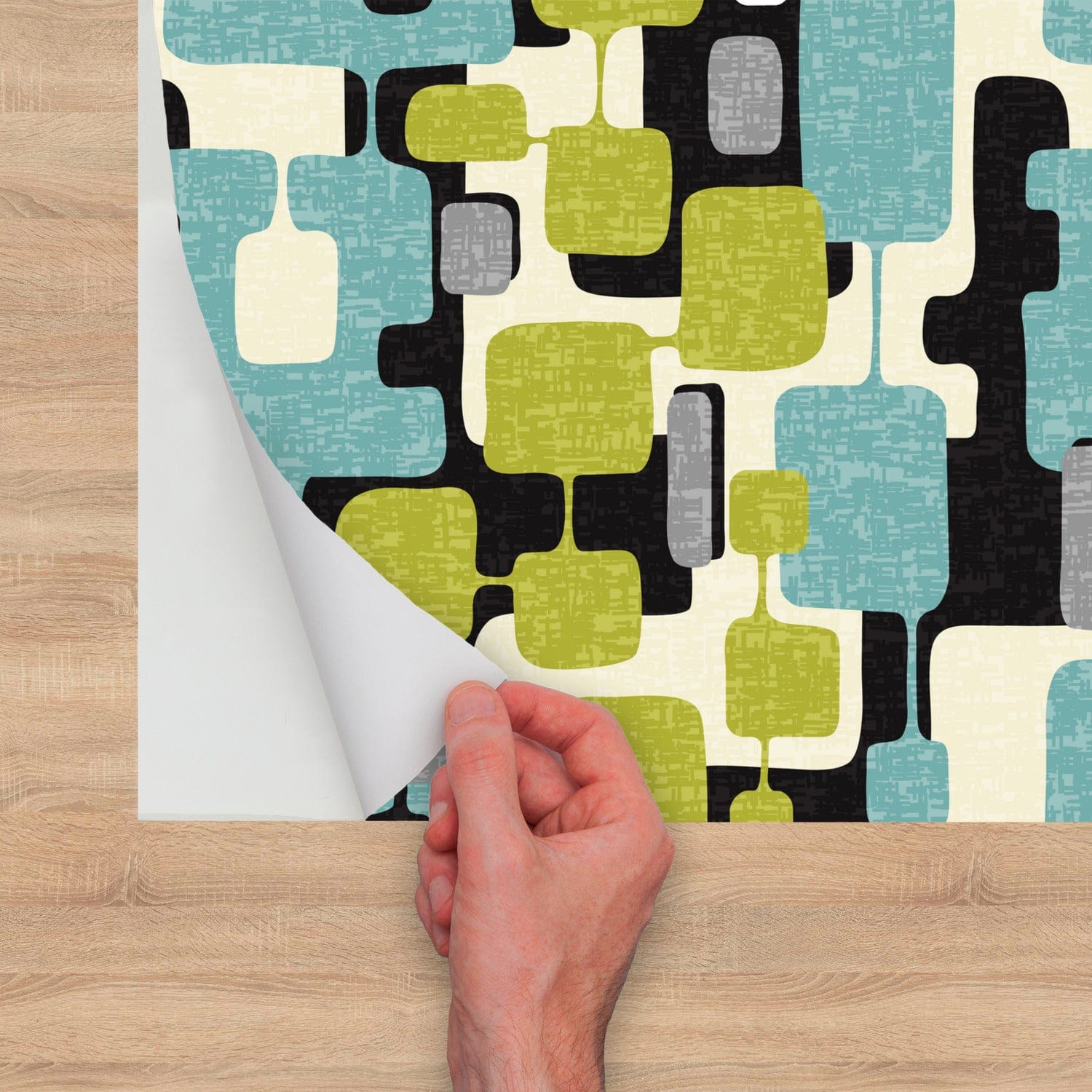 Kate McEnroe New York Mid Century Modern Abstract Peel and Stick Wallpaper Panels in Retro Teal, Lime Green, Gray, and Cream HuesWallpaper75643