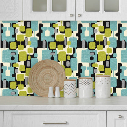 Kate McEnroe New York Mid Century Modern Abstract Peel and Stick Wallpaper Panels in Retro Teal, Lime Green, Gray, and Cream HuesWallpaper75643