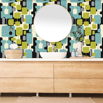 Kate McEnroe New York Mid Century Modern Abstract Peel and Stick Wallpaper Panels in Retro Teal, Lime Green, Gray, and Cream HuesWallpaper75643