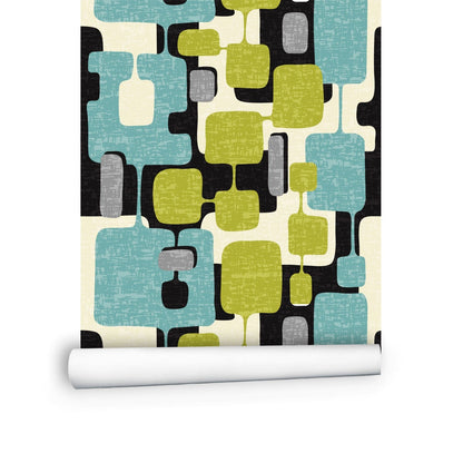 Kate McEnroe New York Mid Century Modern Abstract Peel and Stick Wallpaper Panels in Retro Teal, Lime Green, Gray, and Cream HuesWallpaper75643