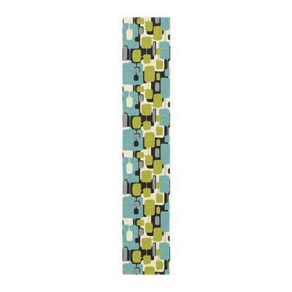 Kate McEnroe New York Mid Century Modern Abstract Table Runner, Retro Teal, Lime Green, Gray, Cream Geometric Table LinenTable Runners99520907847448973600