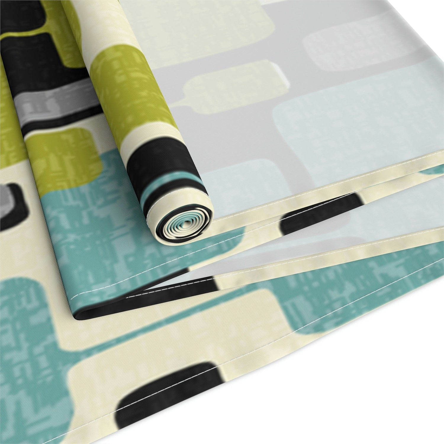Kate McEnroe New York Mid Century Modern Abstract Table Runner, Retro Teal, Lime Green, Gray, Cream Geometric Table LinenTable Runners99520907847448973600