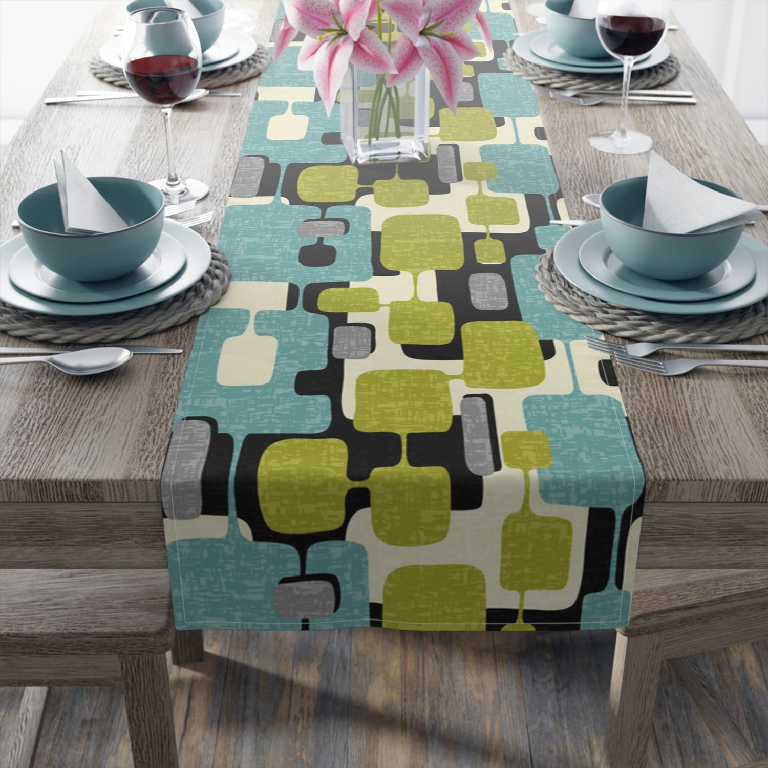 Kate McEnroe New York Mid Century Modern Abstract Table Runner, Retro Teal, Lime Green, Gray, Cream Geometric Table LinenTable Runners99520907847448973600
