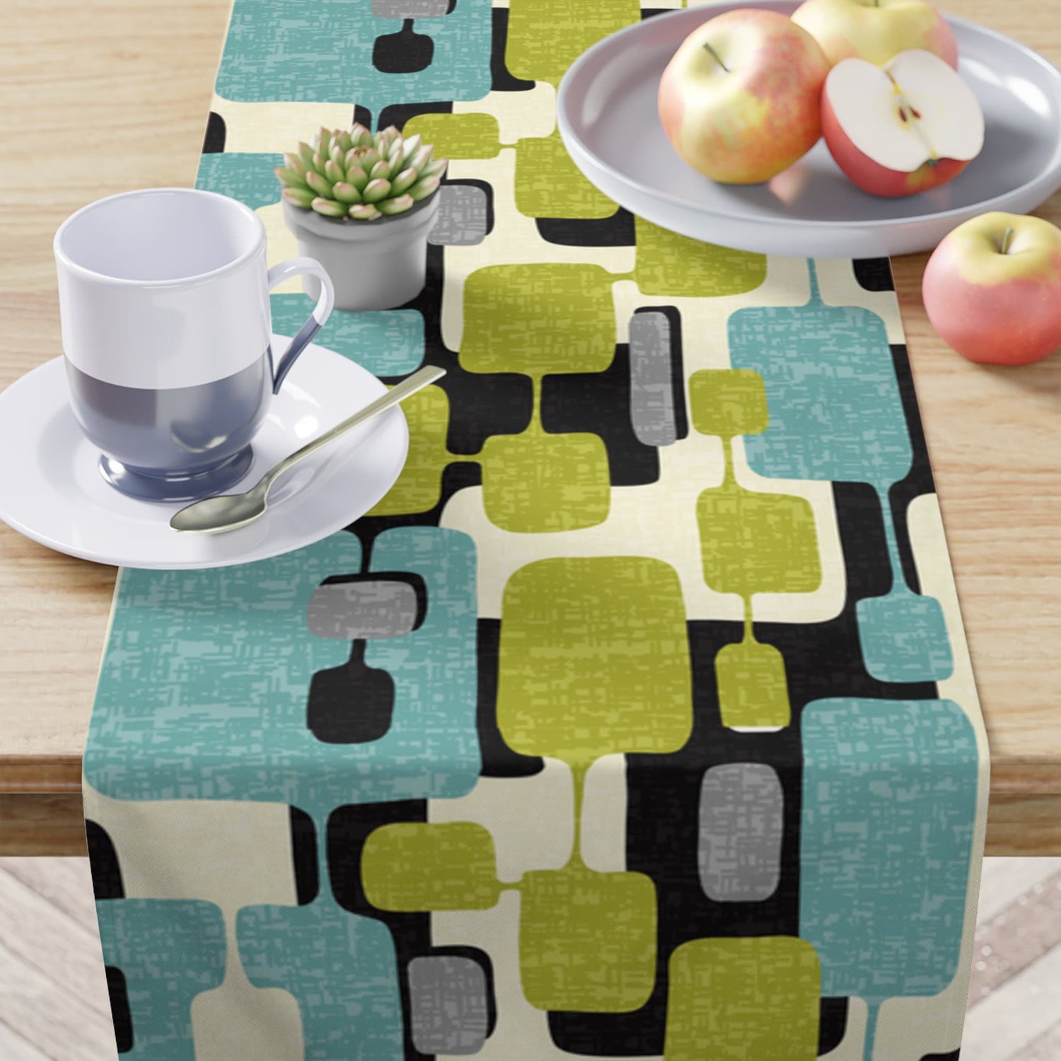 Kate McEnroe New York Mid Century Modern Abstract Table Runner, Retro Teal, Lime Green, Gray, Cream Geometric Table LinenTable Runners99520907847448973600