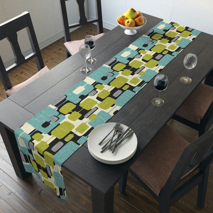 Kate McEnroe New York Mid Century Modern Abstract Table Runner, Retro Teal, Lime Green, Gray, Cream Geometric Table LinenTable Runners99520907847448973600