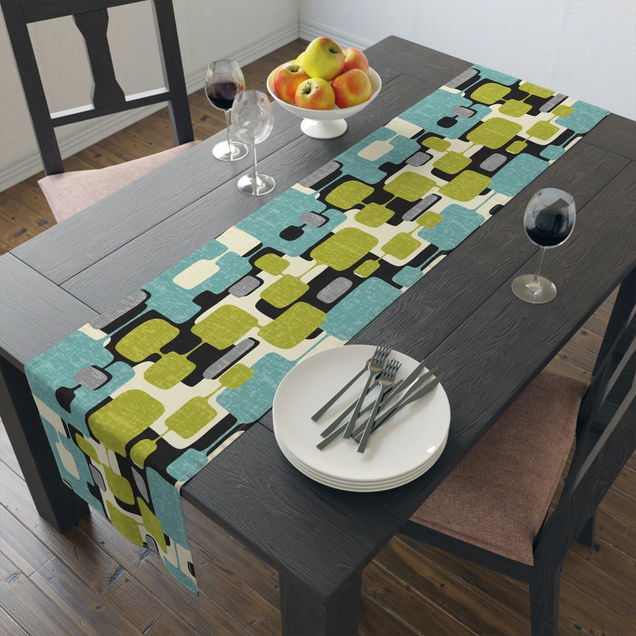 Kate McEnroe New York Mid Century Modern Abstract Table Runner, Retro Teal, Lime Green, Gray, Cream Geometric Table LinenTable Runners99520907847448973600