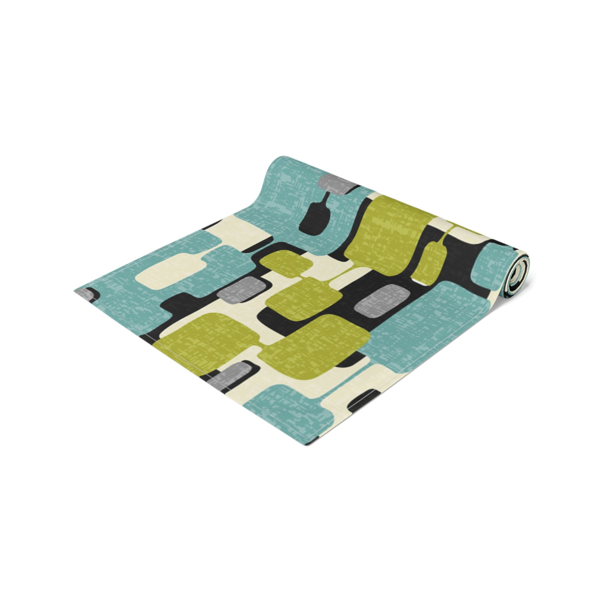 Kate McEnroe New York Mid Century Modern Abstract Table Runner, Retro Teal, Lime Green, Gray, Cream Geometric Table LinenTable Runners99520907847448973600