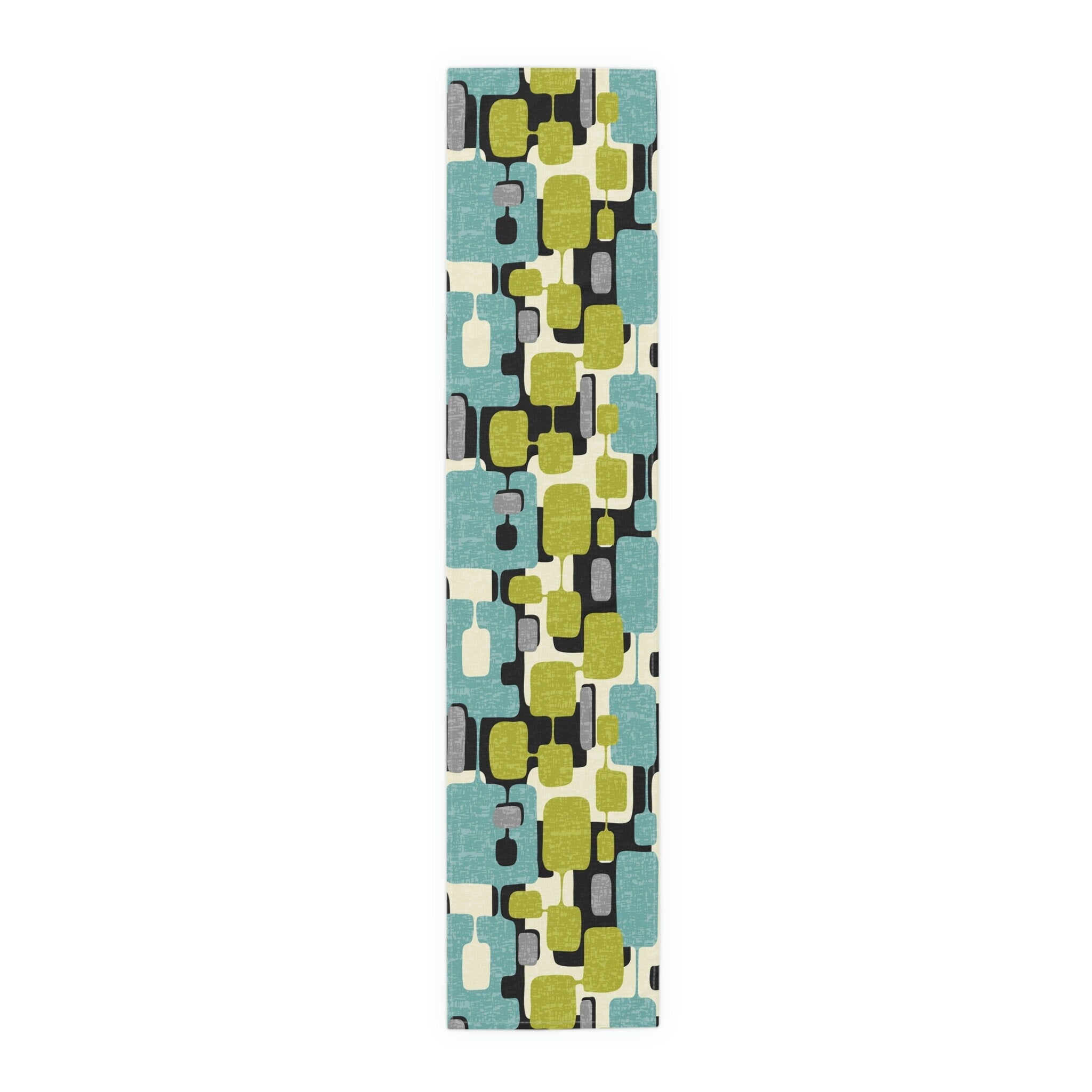 Kate McEnroe New York Mid Century Modern Abstract Table Runner, Retro Teal, Lime Green, Gray, Cream Geometric Table LinenTable Runners99520907847448973600
