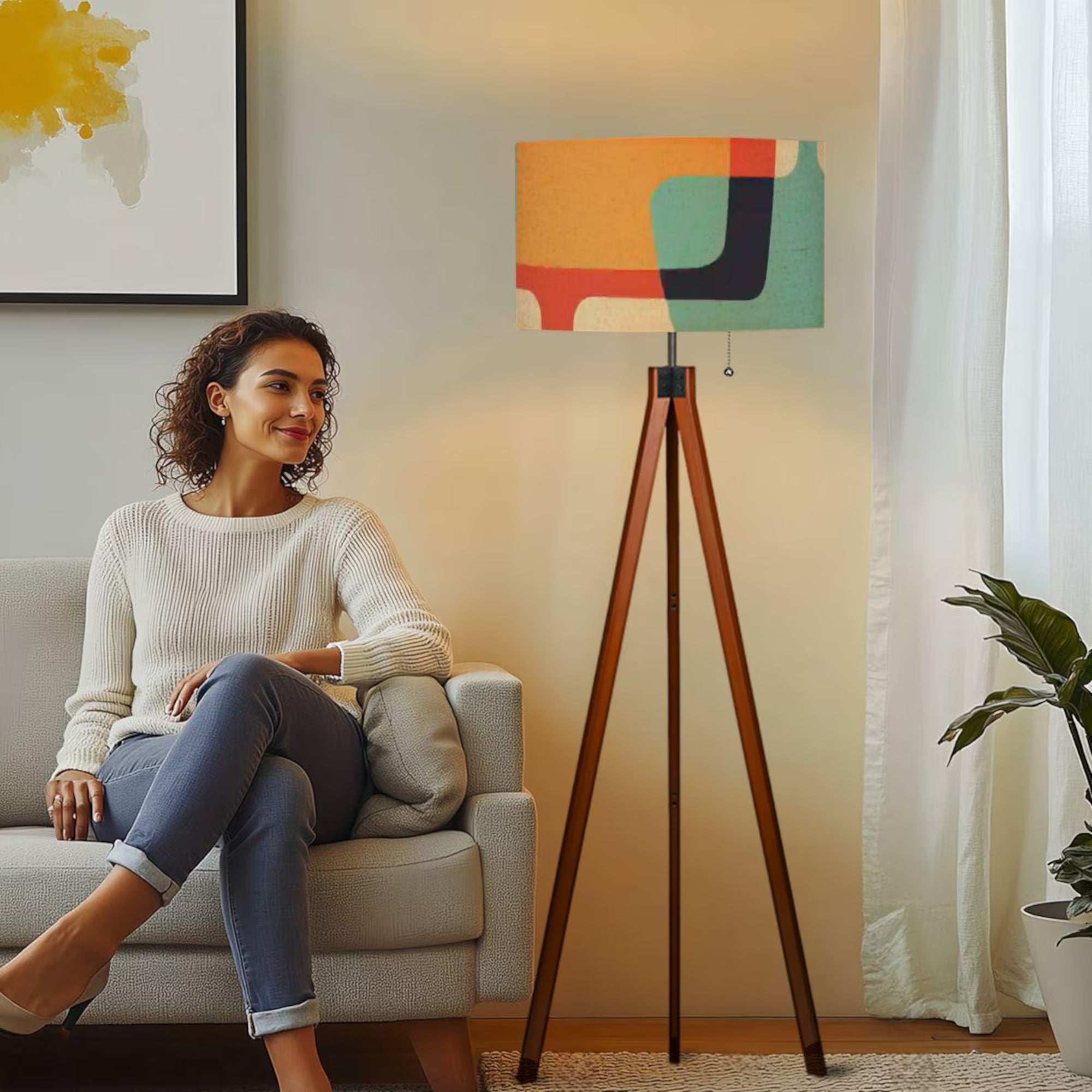 Kate McEnroe New York Mid Century Modern Abstract Tripod Floor Lamp, Retro MCM Wooden Standing Light, Bold Geometric Shade, Vintage Accent LightingFloor LampsLampshade18