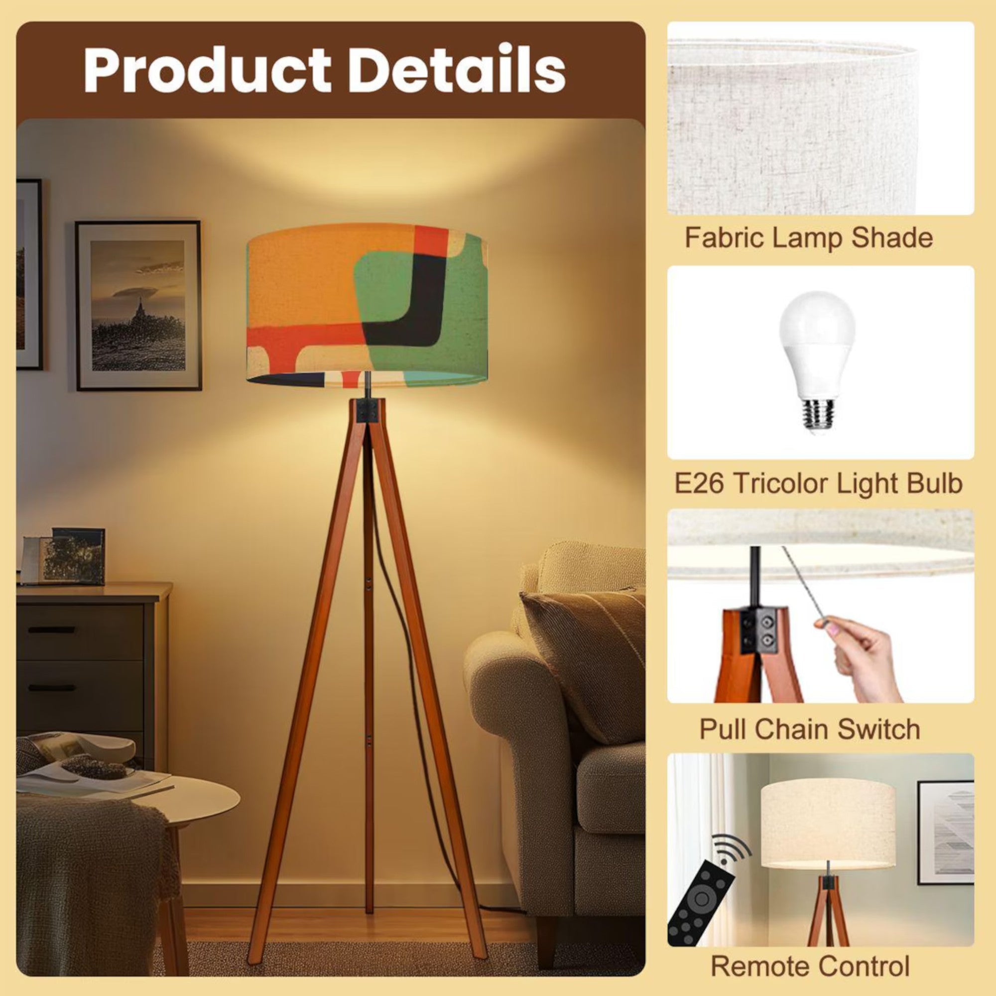 Kate McEnroe New York Mid Century Modern Abstract Tripod Floor Lamp, Retro MCM Wooden Standing Light, Bold Geometric Shade, Vintage Accent LightingFloor LampsnAnSYf8kz8