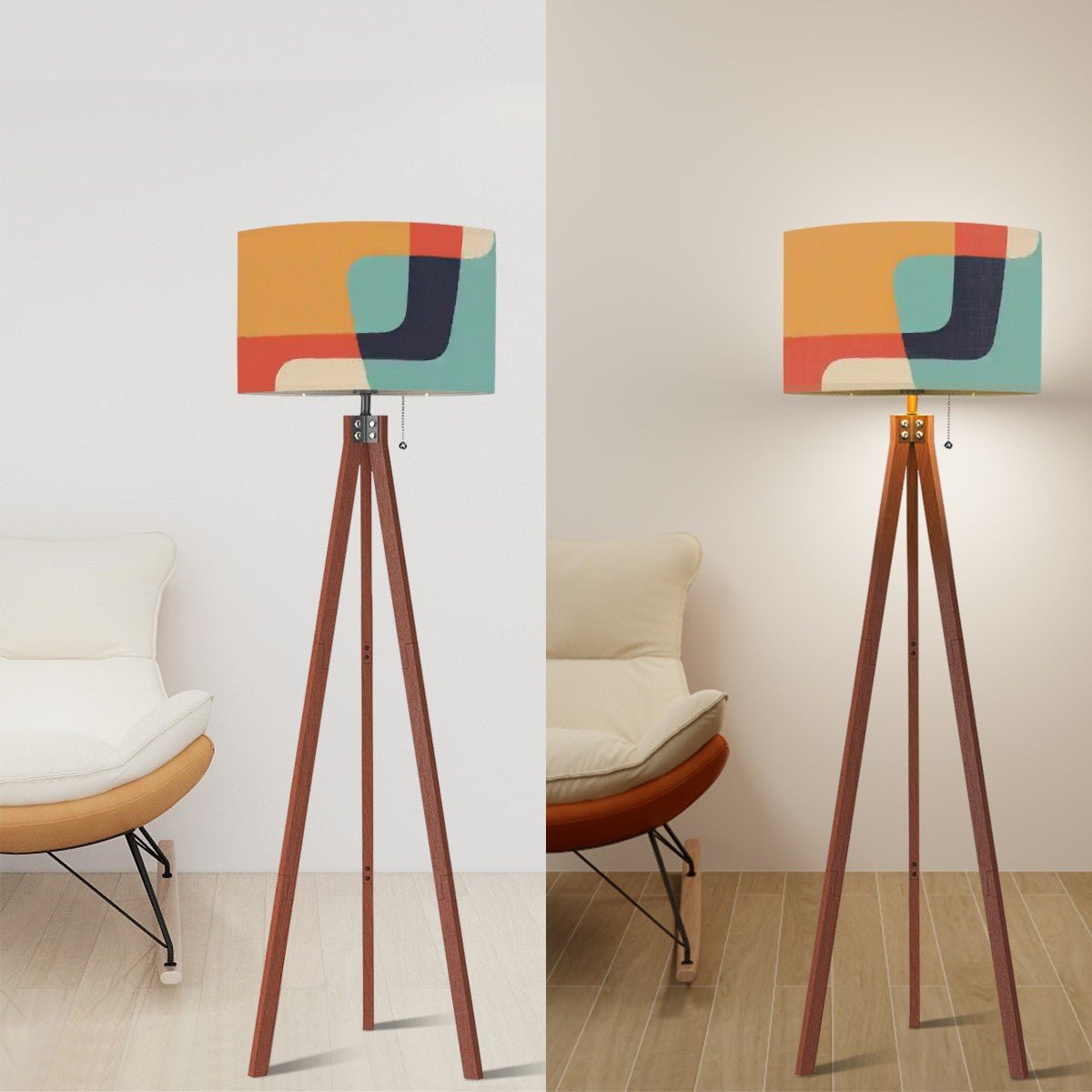 Kate McEnroe New York Mid Century Modern Abstract Tripod Floor Lamp, Retro MCM Wooden Standing Light, Bold Geometric Shade, Vintage Accent LightingFloor LampsnAnSYf8kz8