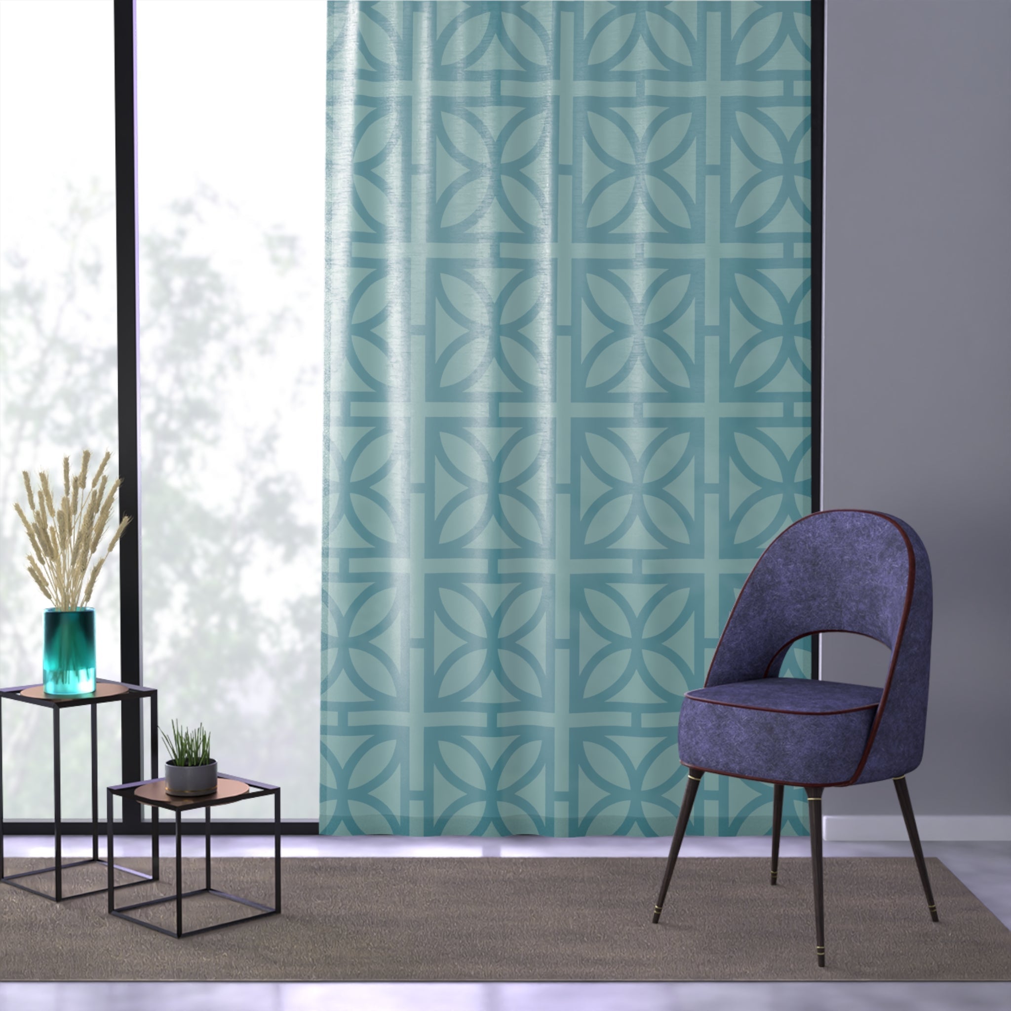 Kate McEnroe New York Mid Century Modern Aqua Breeze Block Sheer Window Curtain, Retro Architectural Grid PanelWindow Curtains77280289613756260047