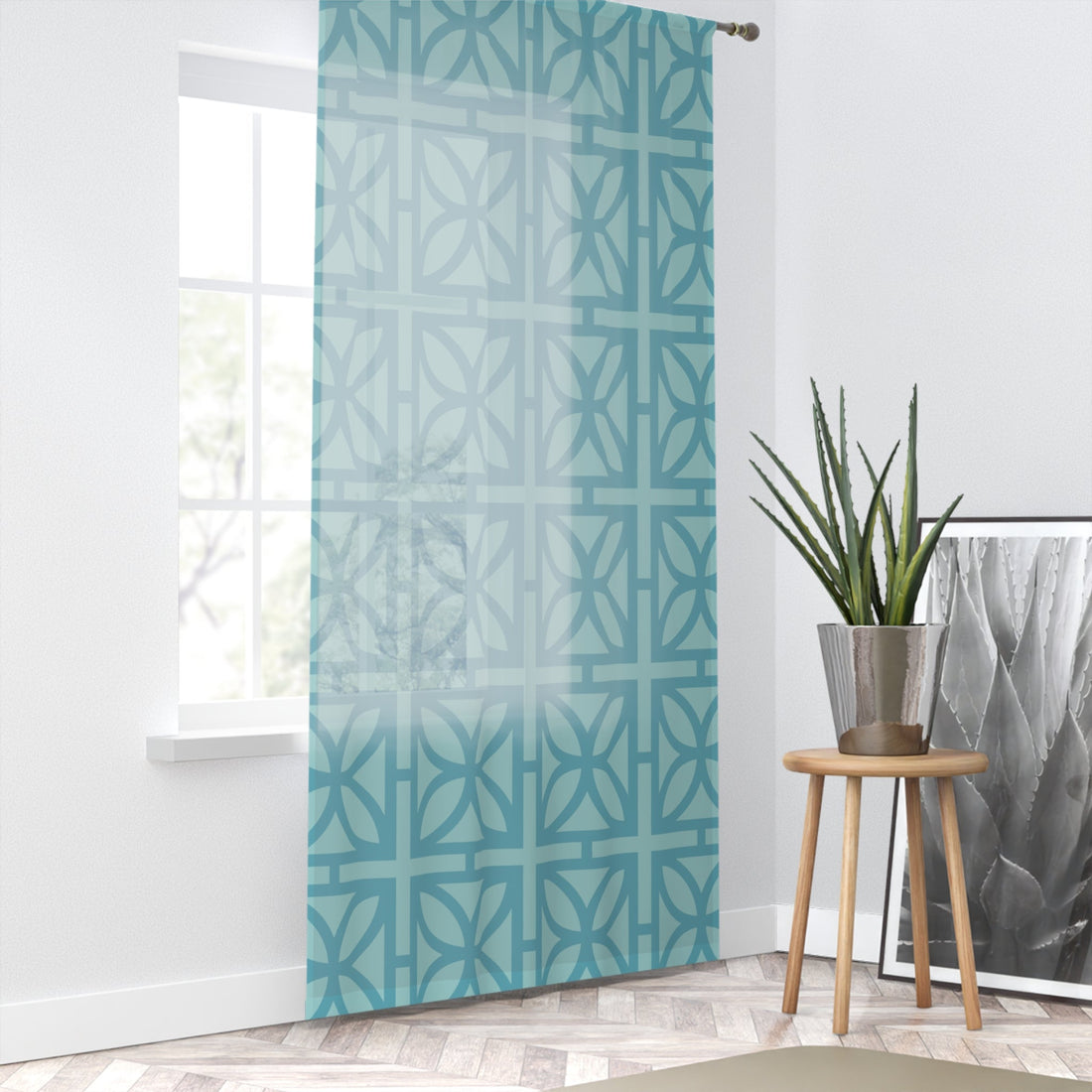 Kate McEnroe New York Mid Century Modern Aqua Breeze Block Sheer Window Curtain, Retro Architectural Grid PanelWindow Curtains77280289613756260047