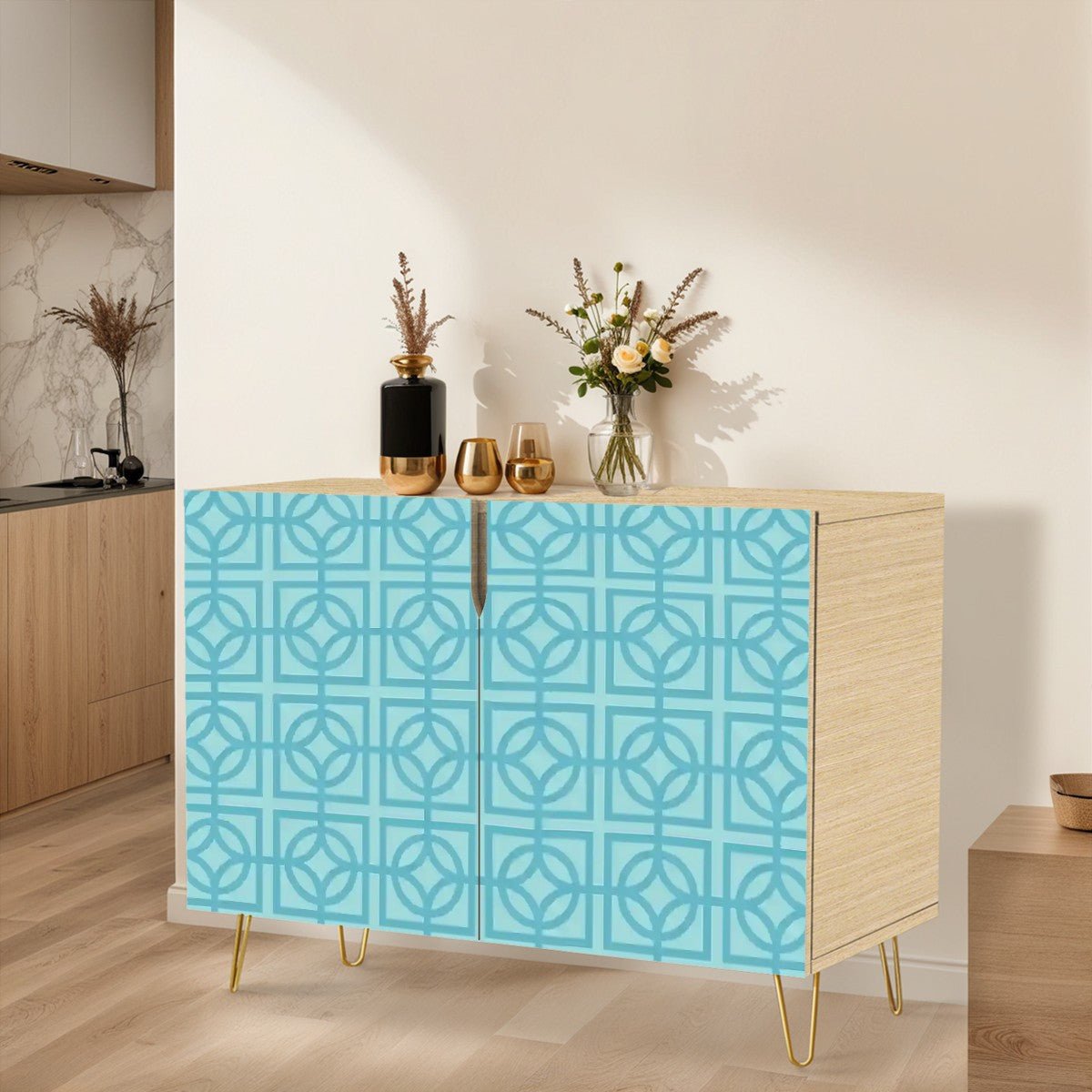 Kate McEnroe New York Mid Century Modern Aqua Breeze Block Wooden Storage Cabinet, Retro Geometric AccentStorage Cabinets5R5FcopQ0U