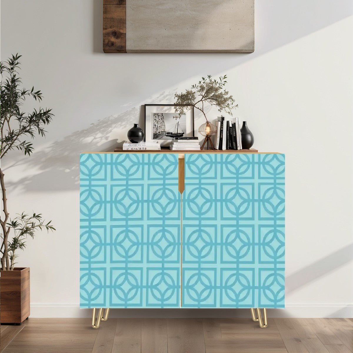 Kate McEnroe New York Mid Century Modern Aqua Breeze Block Wooden Storage Cabinet, Retro Geometric AccentStorage Cabinets5R5FcopQ0U