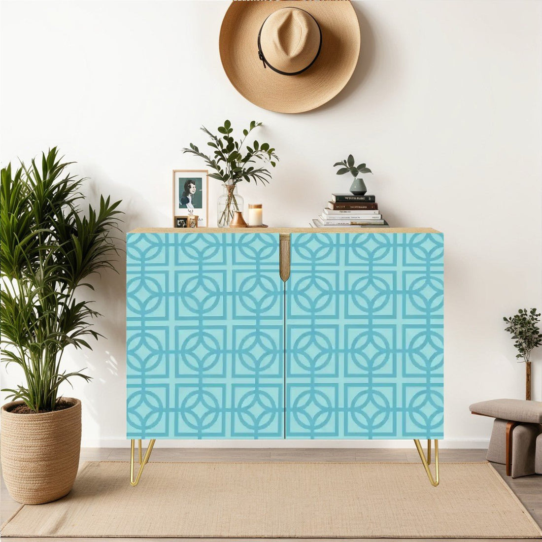 Kate McEnroe New York Mid Century Modern Aqua Breeze Block Wooden Storage Cabinet, Retro Geometric AccentStorage Cabinets5R5FcopQ0U