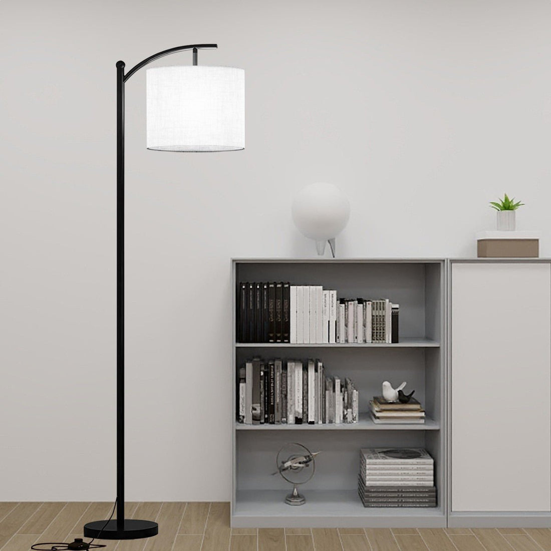 Kate McEnroe New York Mid Century Modern Arc Floor Lamp, Minimalist Drum ShadeFloor LampsNI9mCIg36N