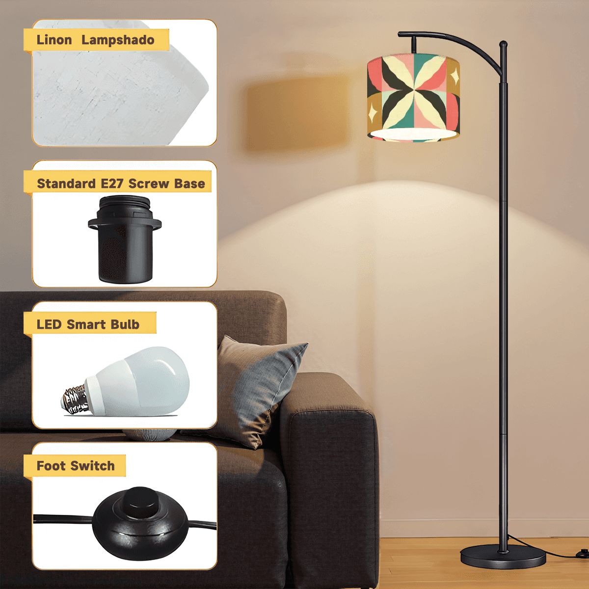 Kate McEnroe New York Mid Century Modern Arc Floor Lamp, Retro Geometric Diamond ShadeArc Floor Lampsl7yzzYufZq