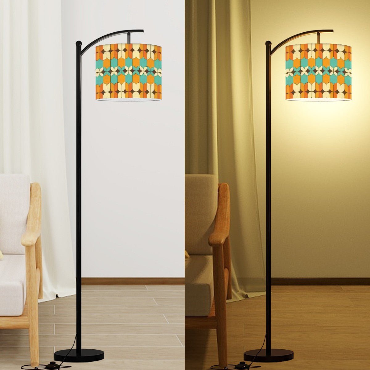 Kate McEnroe New York Mid Century Modern Arc Floor Lamp, Retro Geometric Linen Drum Shade in Orange and Aqua, MCM Living Room, Bedroom Accent LampFloor Lamps4Q1r1tKxxO