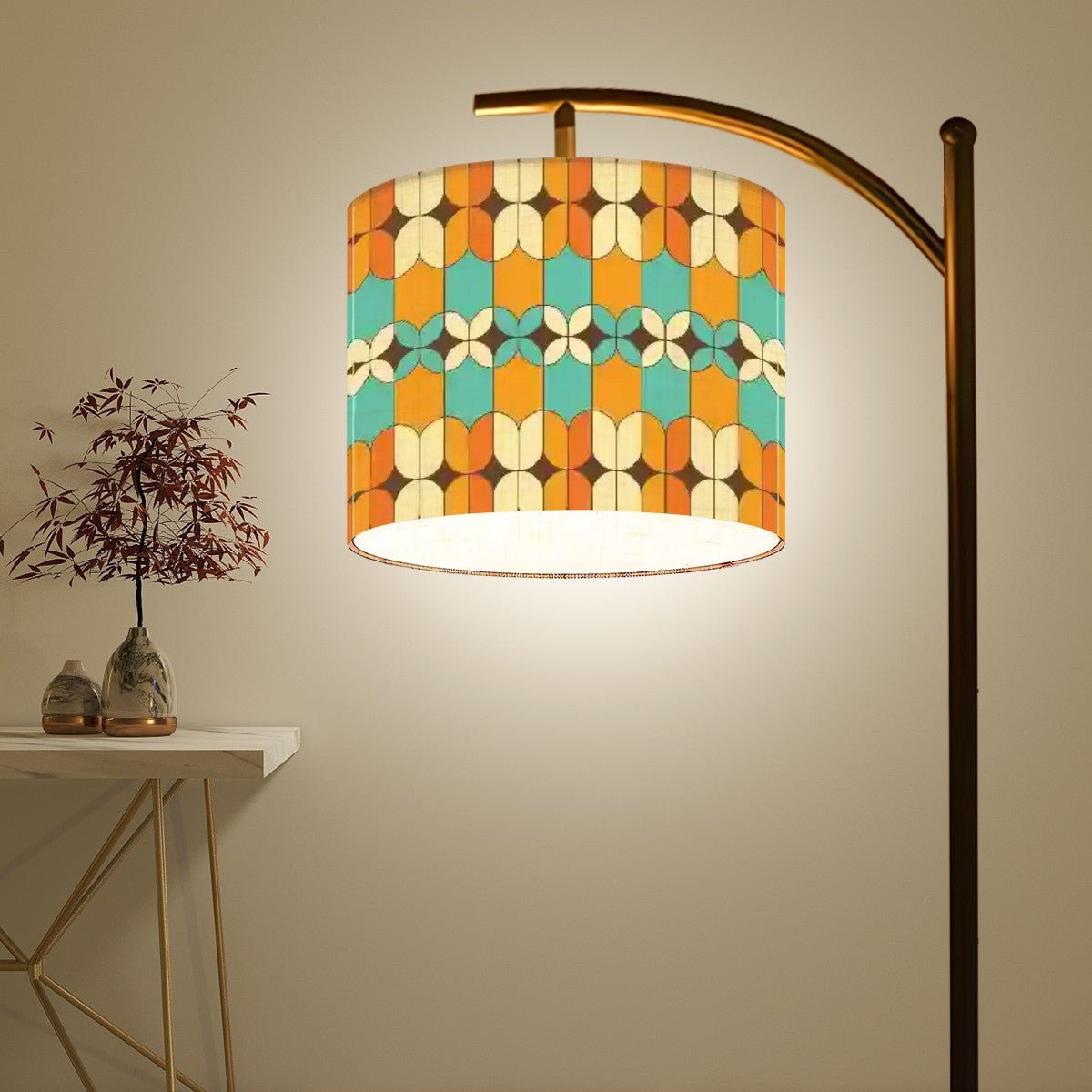 Kate McEnroe New York Mid Century Modern Arc Floor Lamp, Retro Geometric Linen Drum Shade in Orange and Aqua, MCM Living Room, Bedroom Accent LampFloor Lamps4Q1r1tKxxO