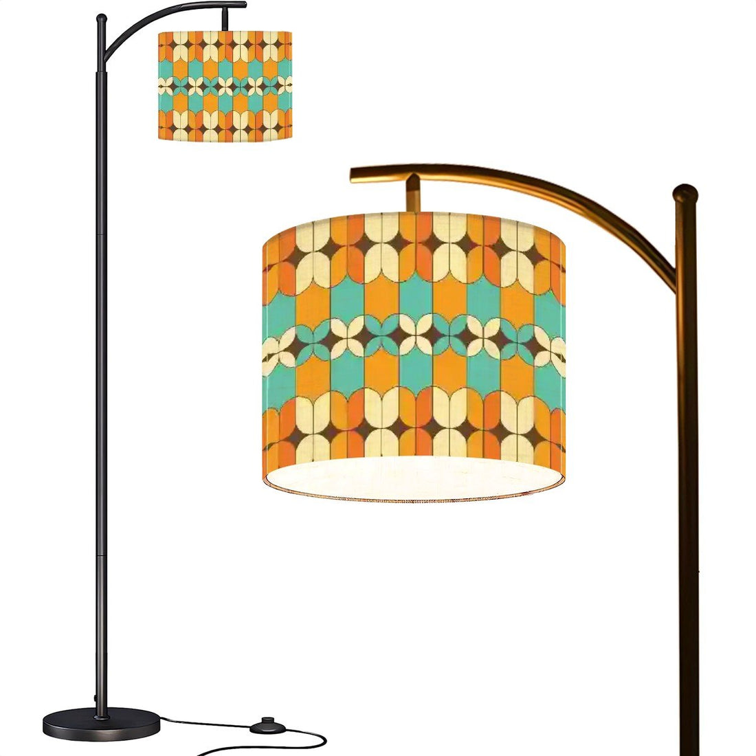 Kate McEnroe New York Mid Century Modern Arc Floor Lamp, Retro Geometric Linen Drum Shade in Orange and Aqua, MCM Living Room, Bedroom Accent LampFloor Lamps4Q1r1tKxxO