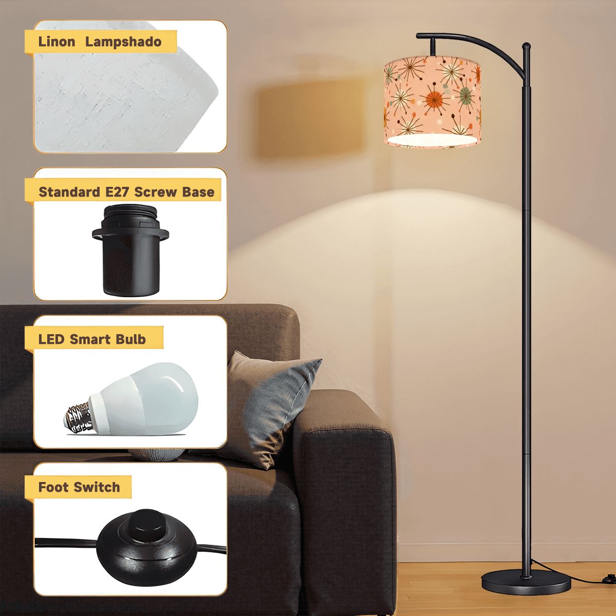 Kate McEnroe New York Mid Century Modern Arc Floor Lamp, Retro Pink Starburst LightingArc Floor Lampss6srlpaOU3