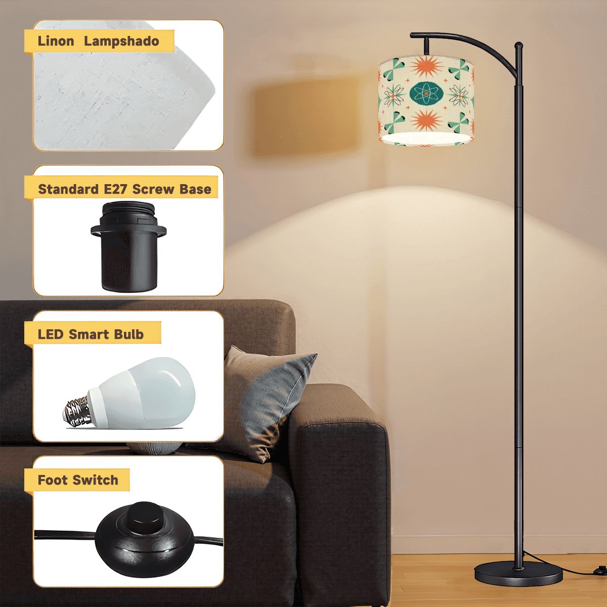 Kate McEnroe New York Mid Century Modern Arc Floor Lamp, Retro Teal Orange Starburst ShadeArc Floor LampsYrlzzE1RSA