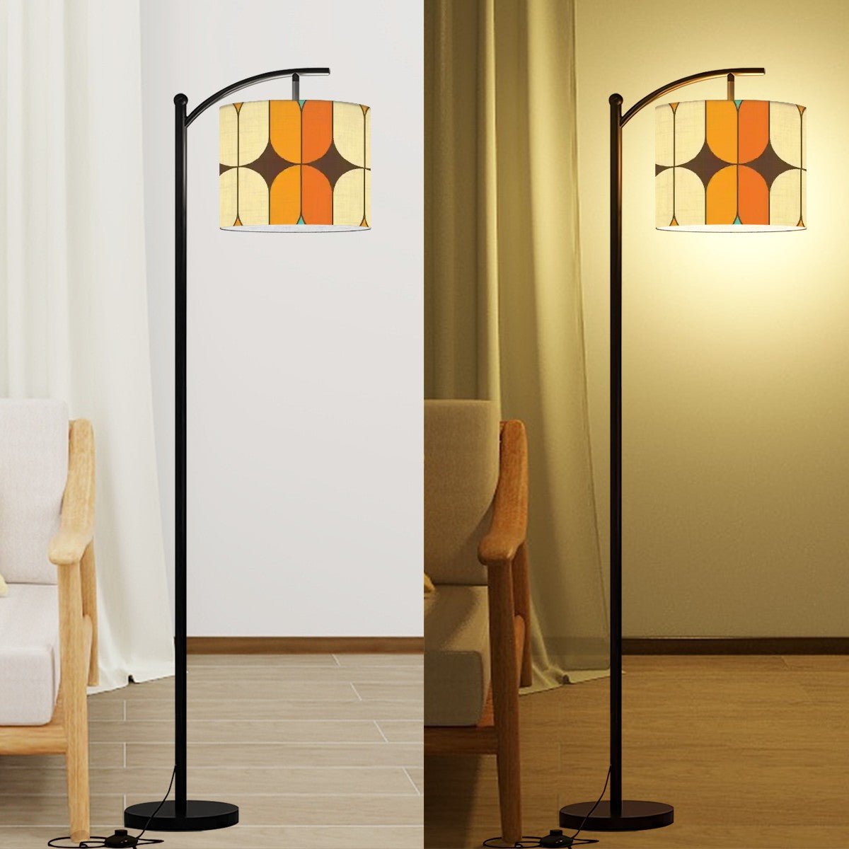 Kate McEnroe New York Mid Century Modern Arch Floor Lamp, Retro Geometric Drum Shade, Atomic Era Living Room Accent LightingFloor LampsQ9gIlhaHtn