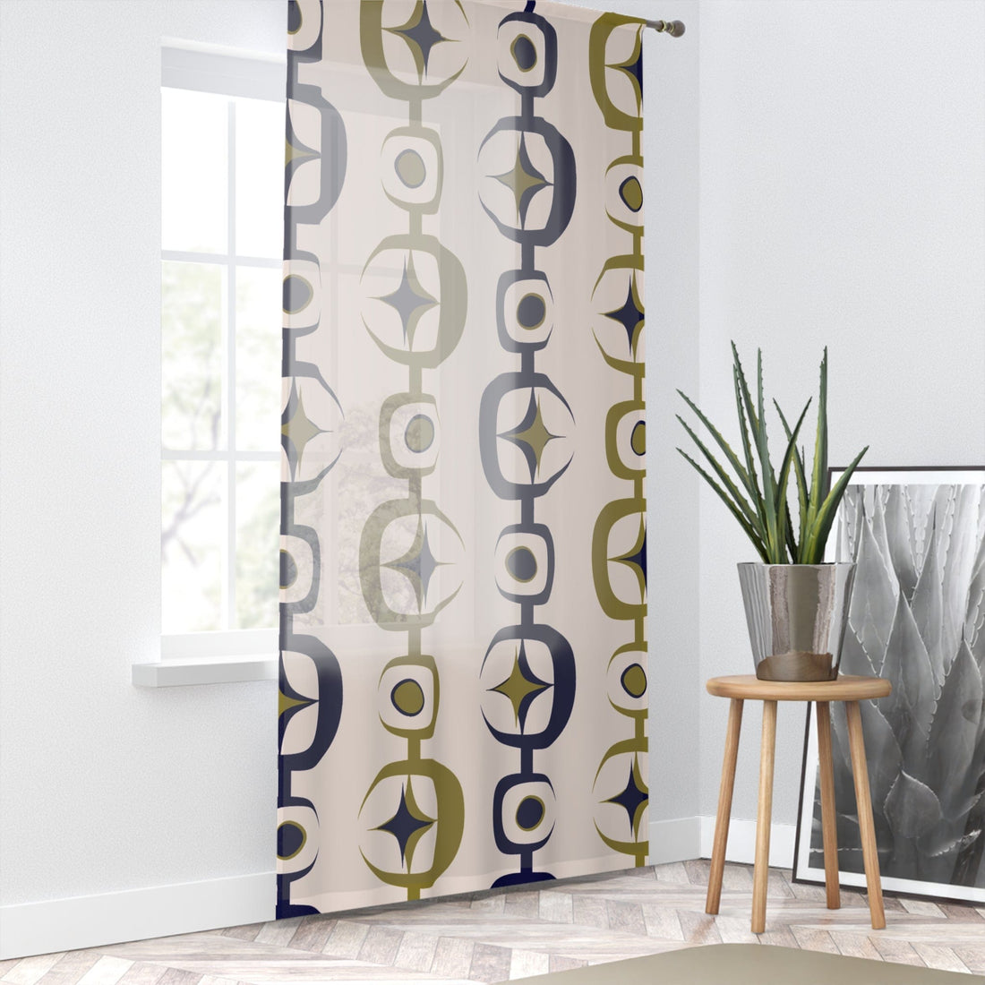 Kate McEnroe New York Mid Century Modern Atomic Age Window Curtains, Retro Starburst MCM Olive Navy Living Room Bedroom Sheer Curtain Panels Window Curtains Sheer / 50&quot; × 84&quot; 10283124561405550752