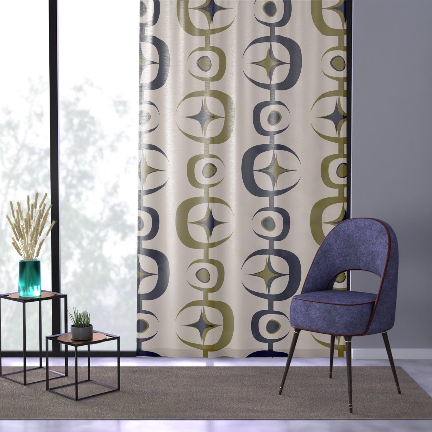 Kate McEnroe New York Mid Century Modern Atomic Age Window Curtains, Retro Starburst MCM Olive Navy Living Room Bedroom Sheer Curtain PanelsWindow Curtains10283124561405550752