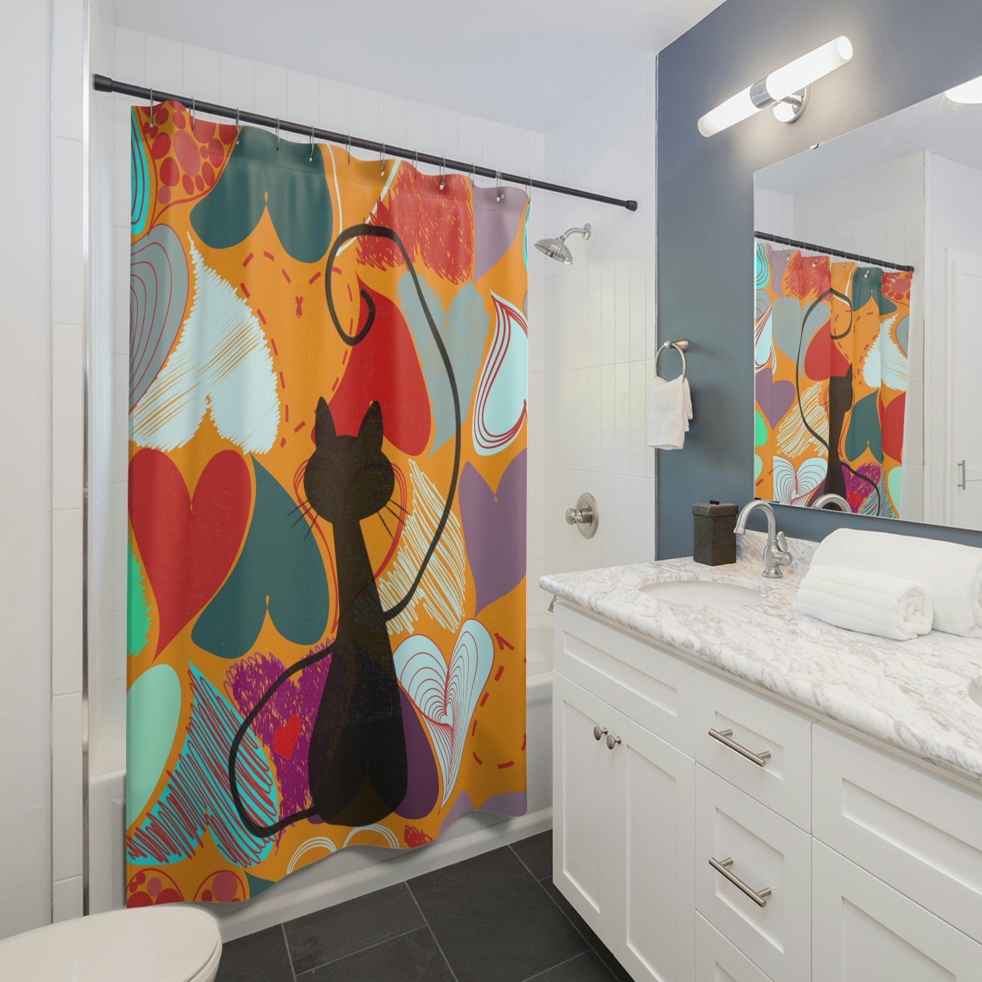 Kate McEnroe New York Mid Century Modern Atomic Black Cat Retro 90s Hearts Shower Curtain Bathroom Decor Home Decor 71" × 74" 16501809414210701617