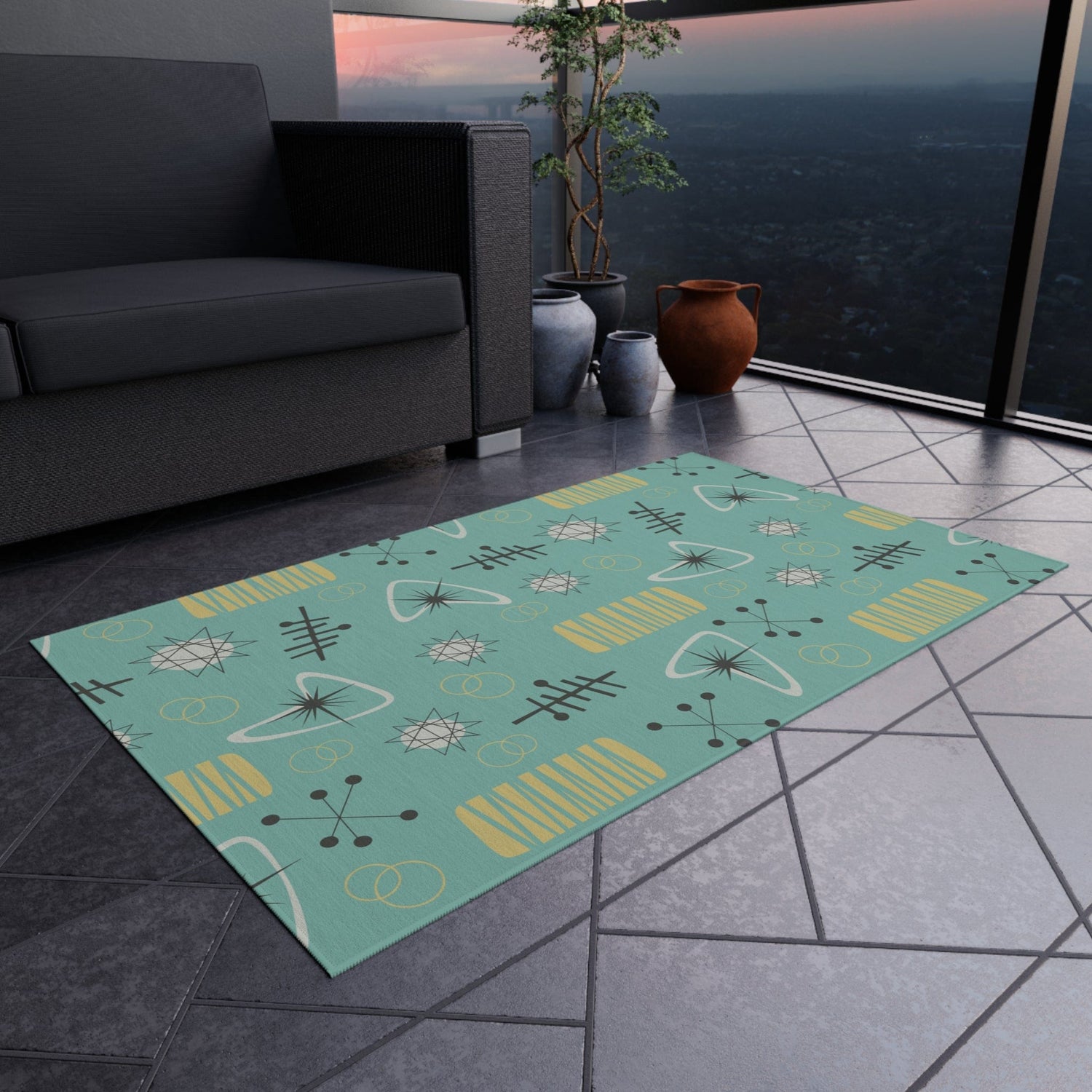 Kate McEnroe New York Mid Century Modern Atomic Boomerang Starburst Outdoor - Indoor Area Rug, 50s Retro Patio, Porch Accent RugRugs21153826336918877827