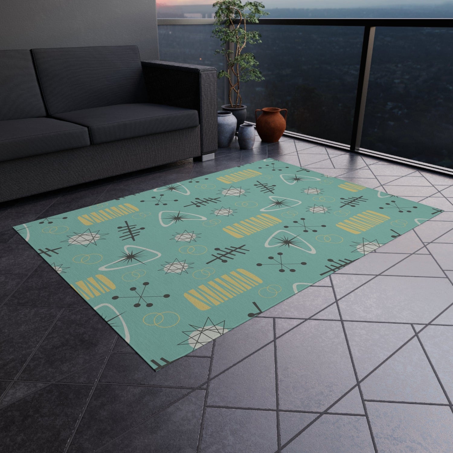 Kate McEnroe New York Mid Century Modern Atomic Boomerang Starburst Outdoor - Indoor Area Rug, 50s Retro Patio, Porch Accent RugRugs21153826336918877827