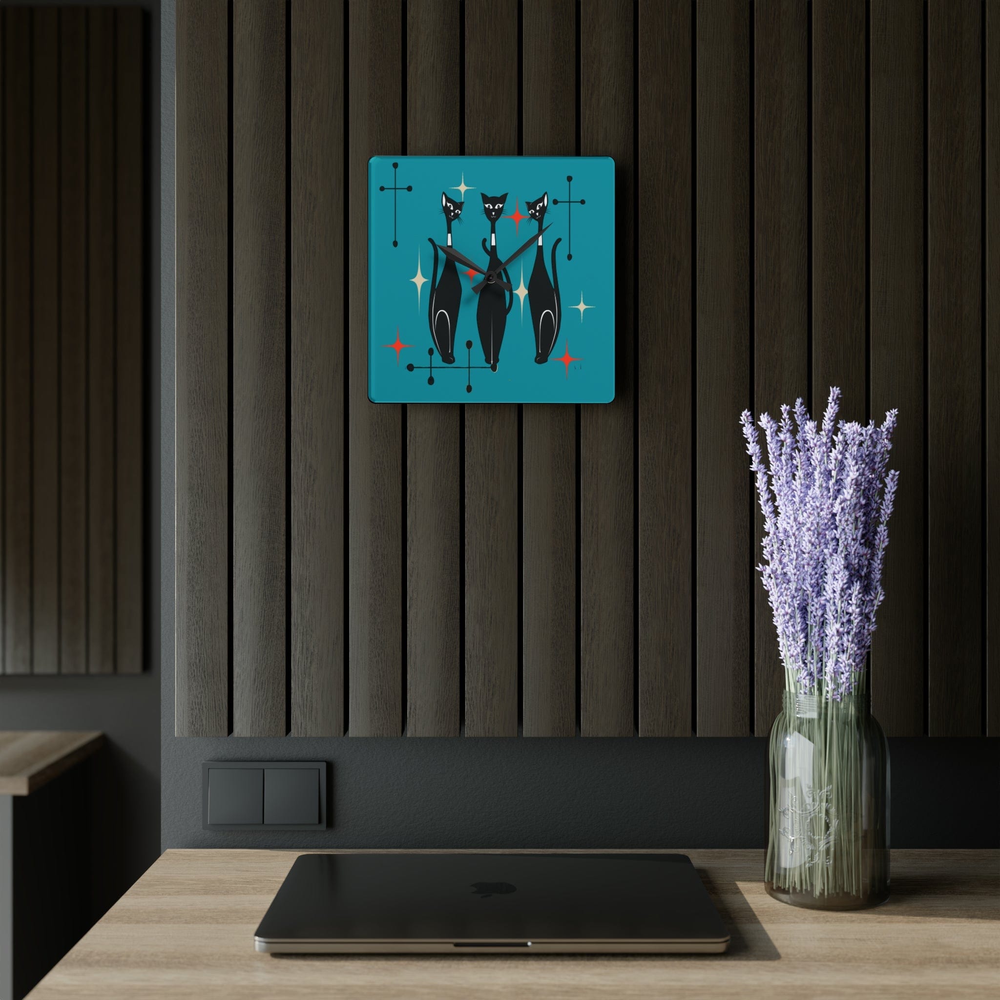 Kate McEnroe New York Mid Century Modern Atomic Cat Acrylic Wall Clock, Retro MCM Living Room, Bedroom, Office, Kids Home DecorWall Clocks20274609771987143681